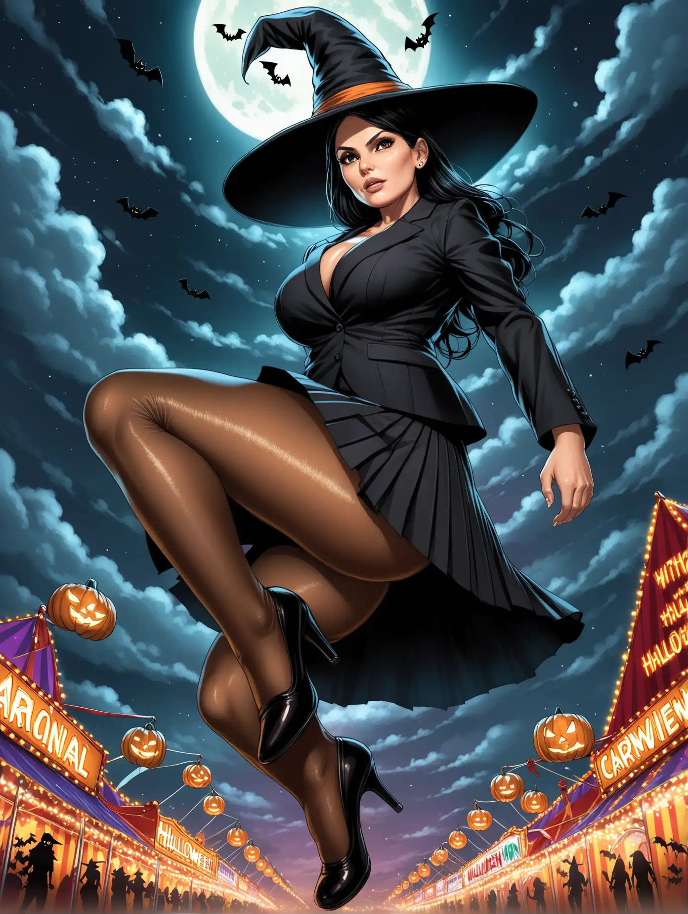 Thick Mature Priti Patel, short pleated black skirt suit, wide spread stance at carnival[Highly Detailed] Dark comic art style, below angle, witch hat, pantyhose, halloween night, realistic,  wind lifting skirt up, looking down embarassed, feet dangling