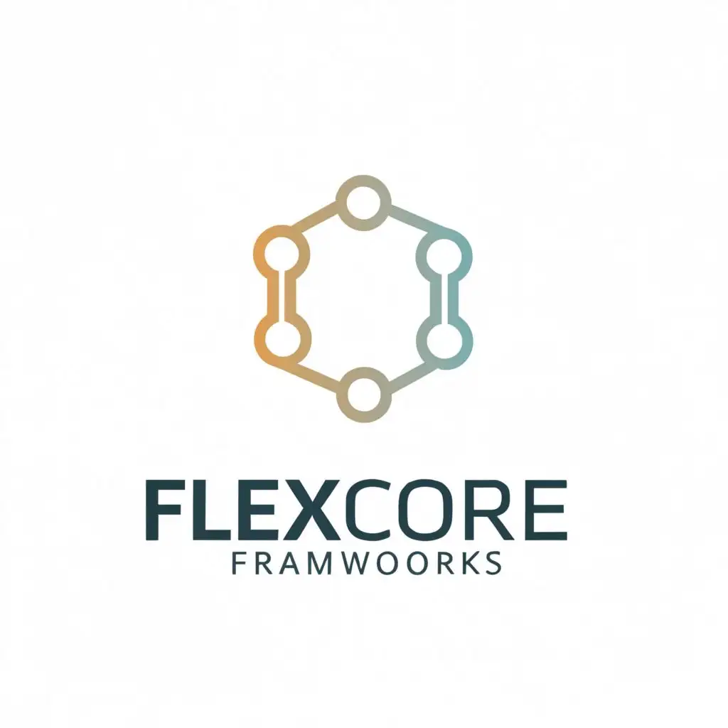 a logo design,with the text "FlexCore Frameworks", main symbol:A hexagon in the center, symbolizing a core framework with differing nodes surrounding it that connect to the core hexagon symbolizing different systems operating separately yet integrating with the core,Minimalistic,be used in Technology industry,clear background