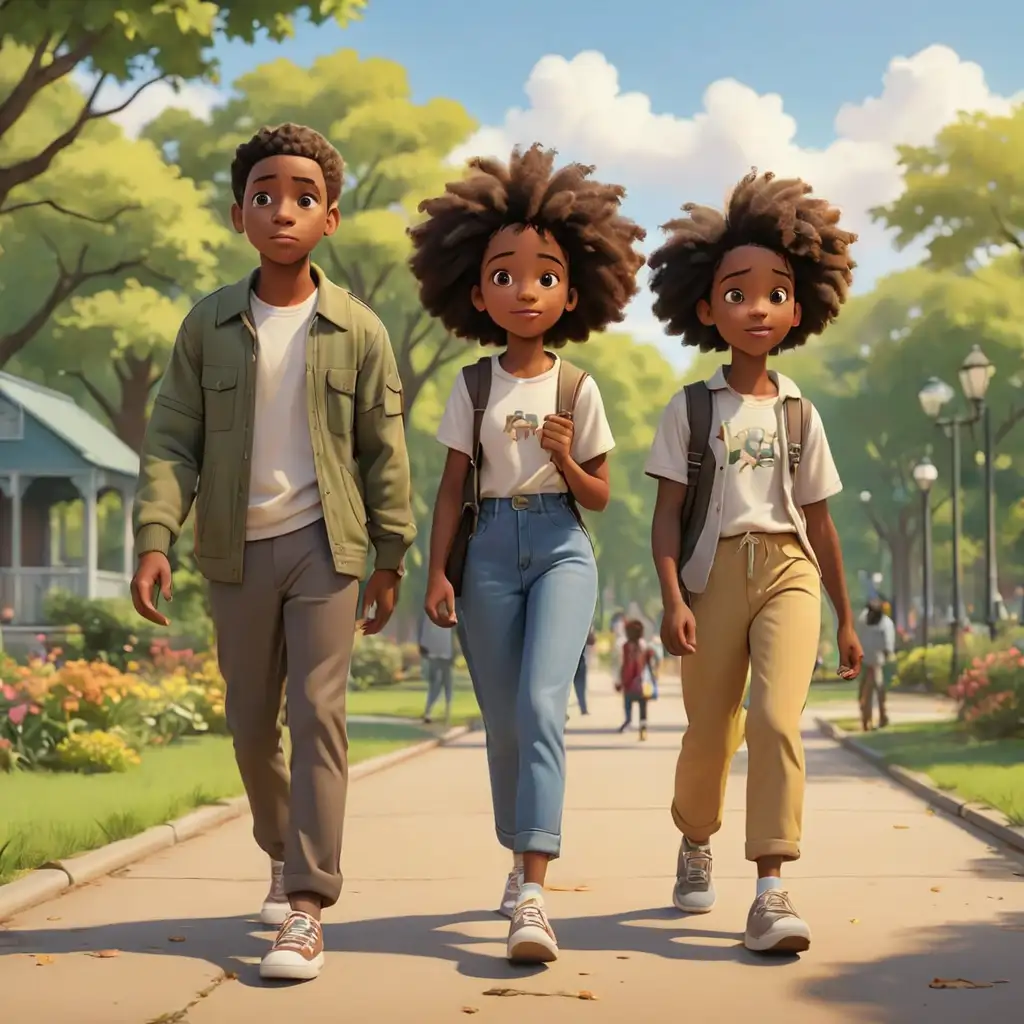 Cartoon Style African American Family Strolling in the Park