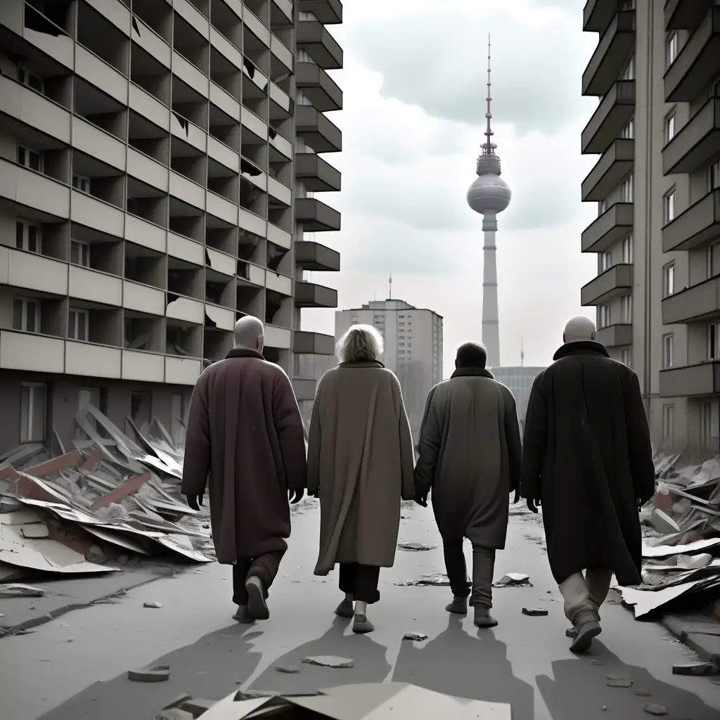 Poor people with shattered bodies. Walking in front of tower Blocks. Eastern european style. Walking towards Berlin TV tower