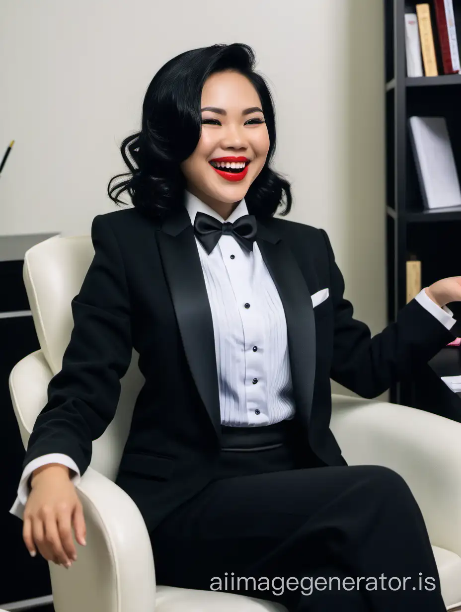 A Vietnames woman is wearing a tuxedo.  She is sitting in a plush chair behind a desk. her jacket is open. She is smiling and laughing.  She is wearing lipstick.  She has shoulder length black hair.