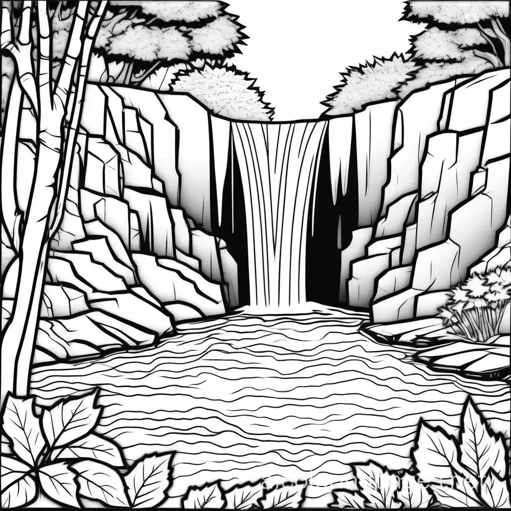 A waterfall that flows from a hidden cave into a crystal clear pool, surrounded by fall trees landscape, Coloring Page, black and white, line art, white background, Simplicity, Ample White Space. The background of the coloring page is plain white to make it easy for young children to color within the lines. The outlines of all the subjects are easy to distinguish, making it simple for kids to color without too much difficulty
