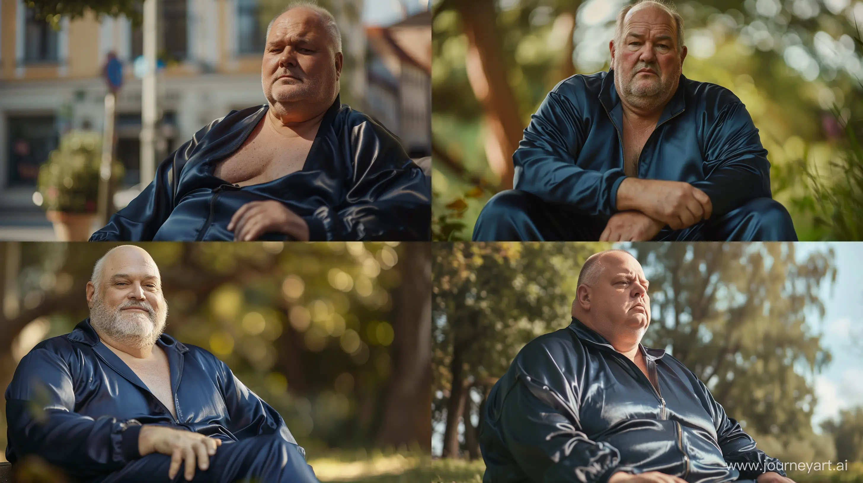 Elderly-Man-in-Navy-Silk-Tracksuit-Relaxing-Outdoors