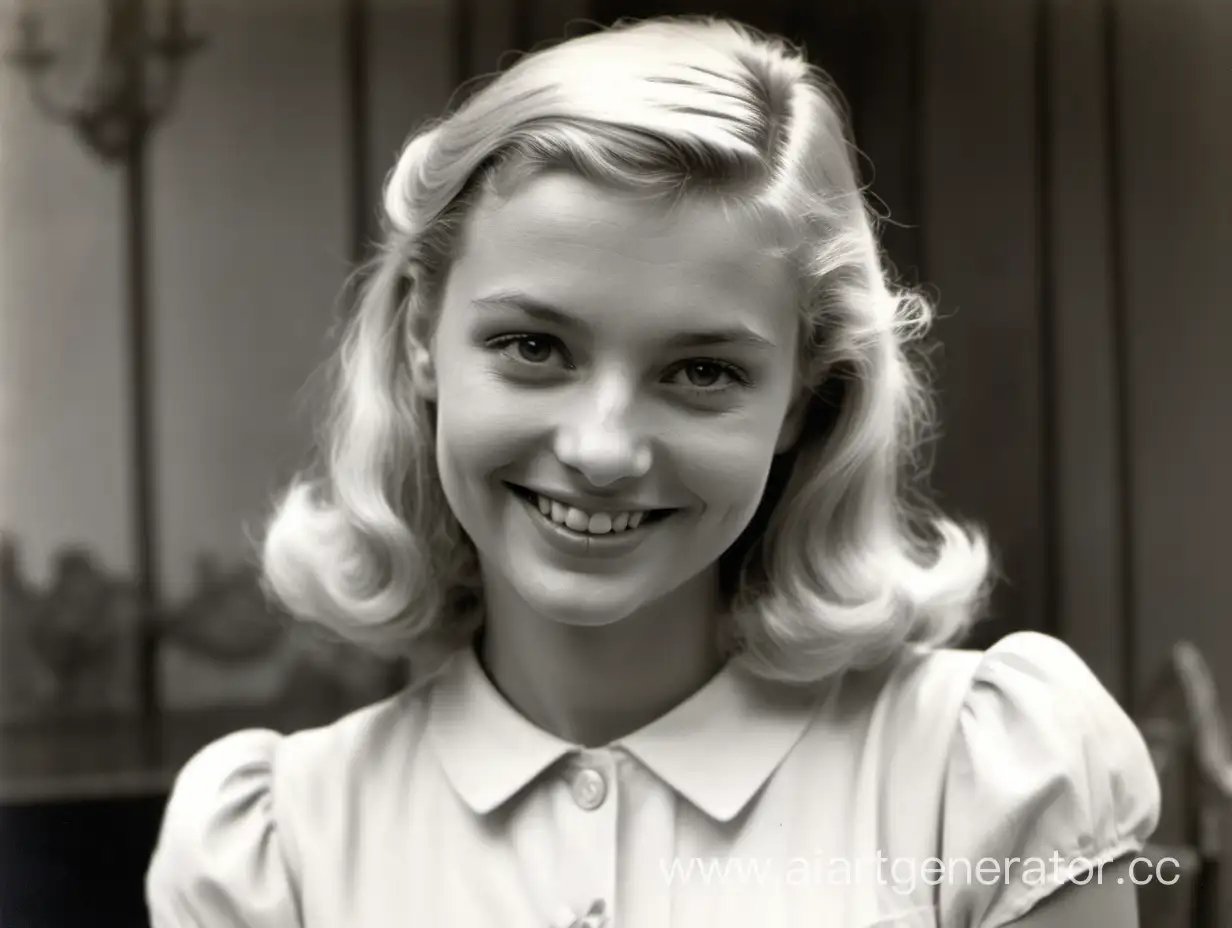 A shoulder-length black and white photo of a pretty French woman from World War II.A blonde woman with a smile on her face looks at the lens, she has brown eyes, bangs and shoulder-length blonde hair, she is wearing a white dress