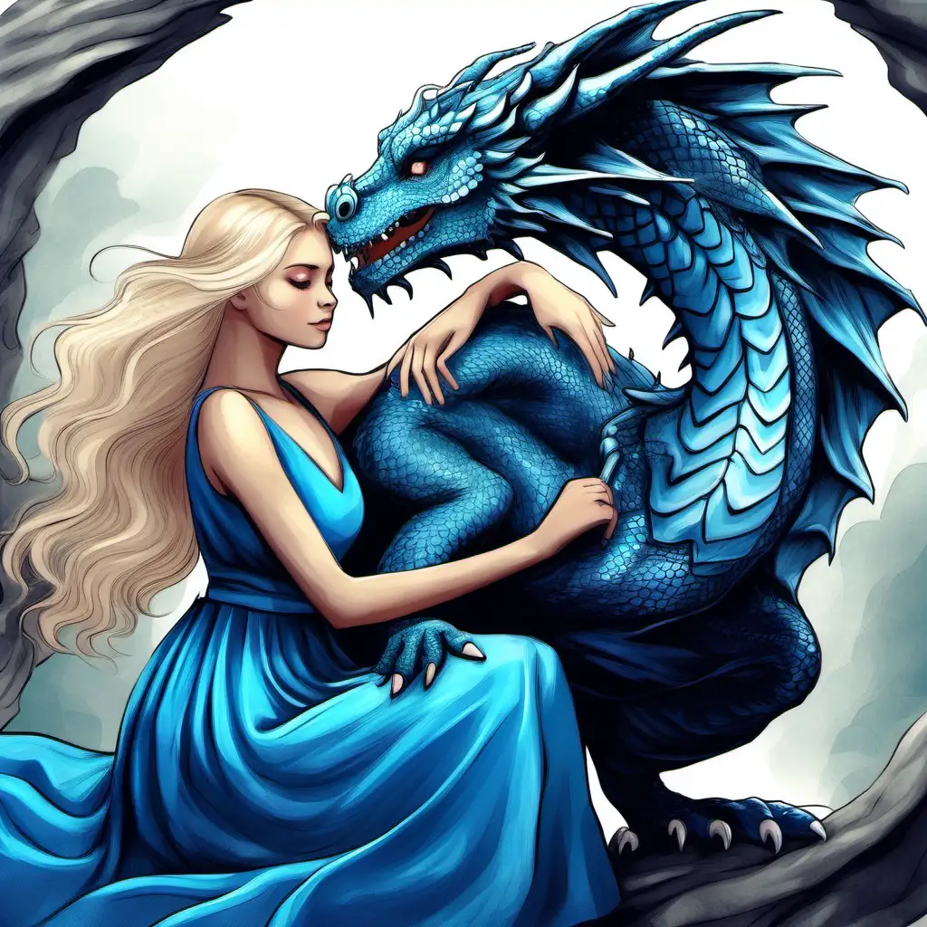 Enchanting Encounter LightHaired Girl Embracing a Majestic Blue Dragon