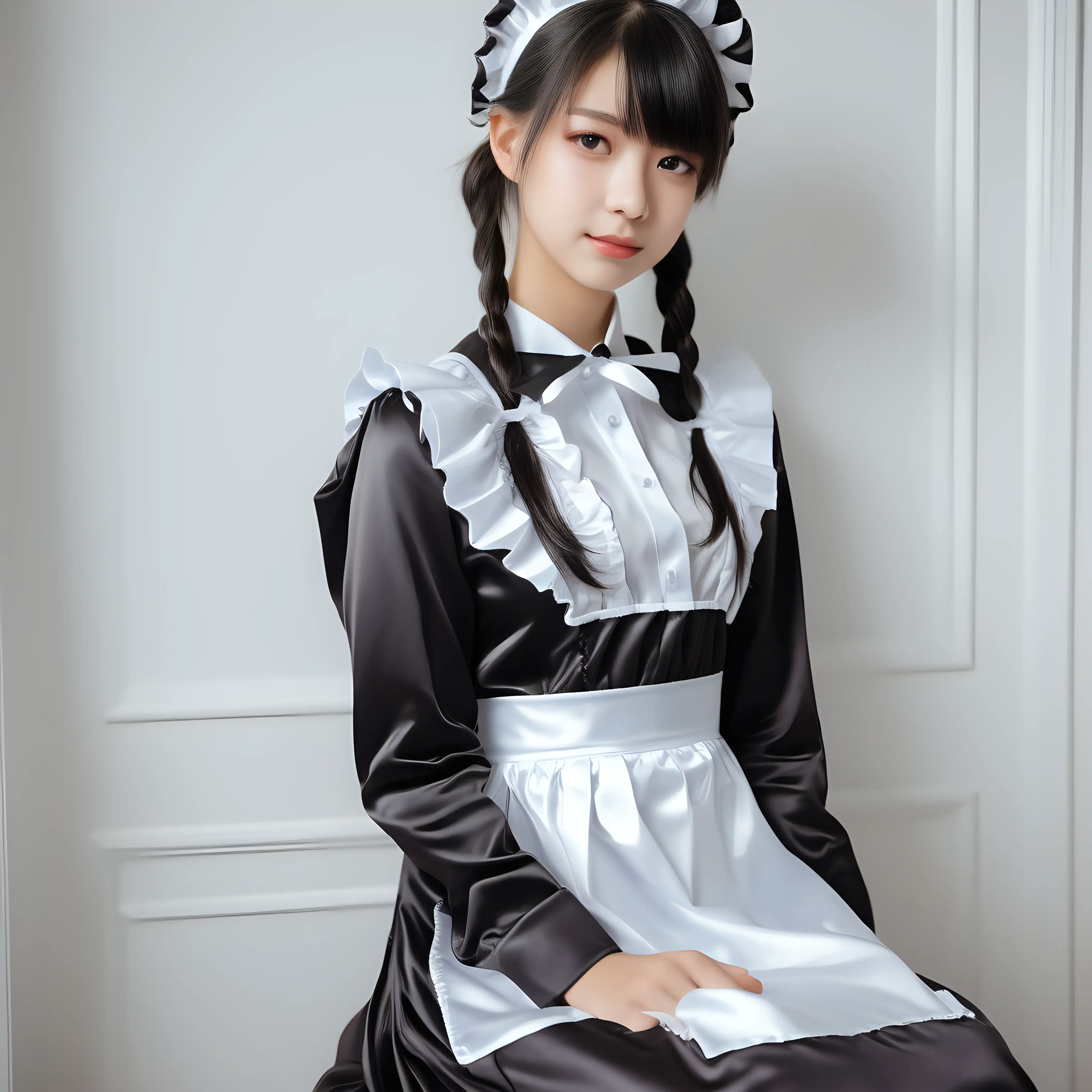 Elegant Girl in Satin Maid Uniform Graceful House Servant in Luxurious Attire
