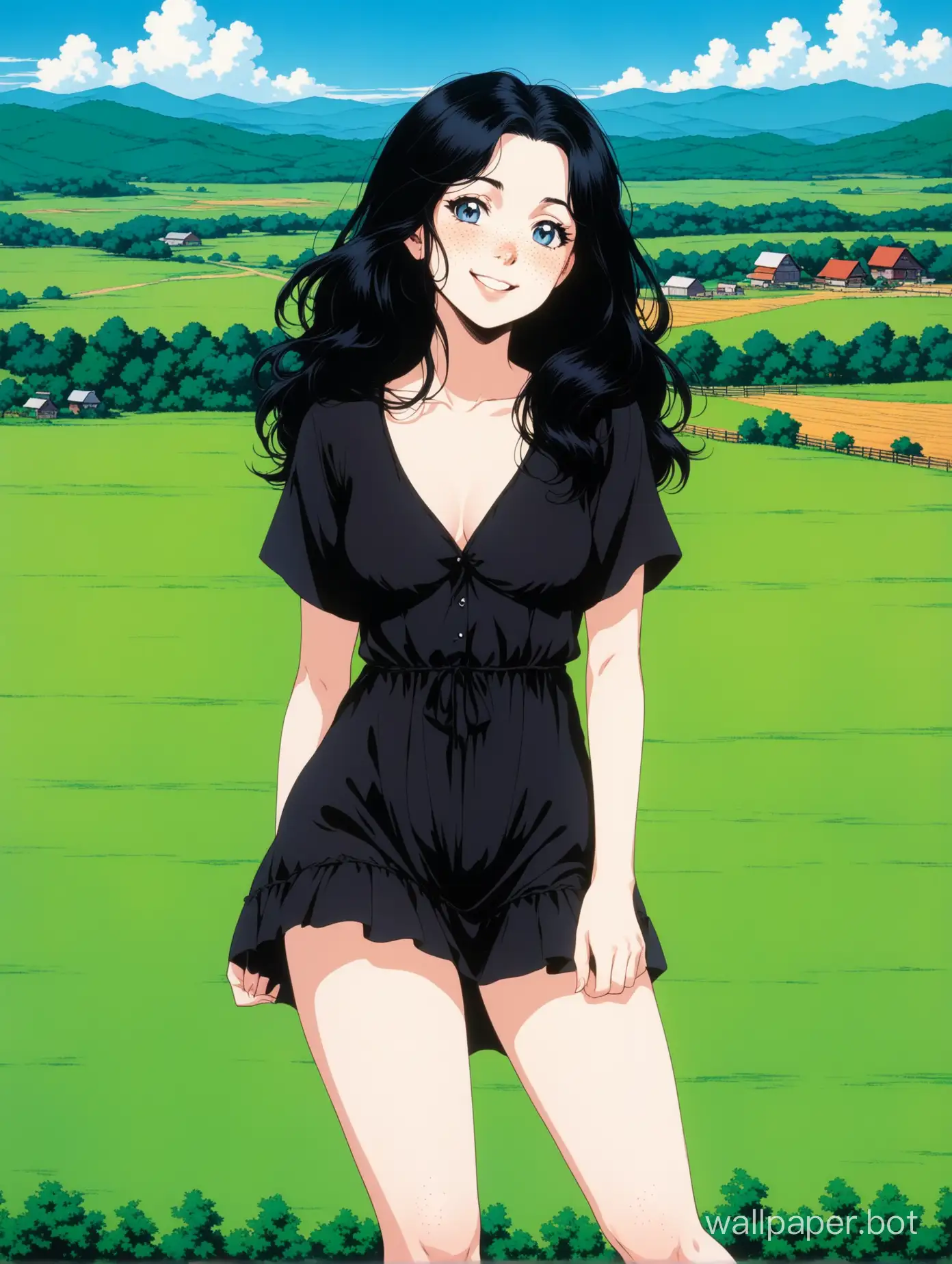  american countryside background, a beautiful 18 year old white woman, mature face, goth girl, she is pretty, she has blue eyes, she has pale skin, she has lots of freckles, she has long jet-black hair that is wavy and parted in the middle, black sundress, big pale thighs, skinny, smiling, beaming, mature face, deep plunging v, perfect, sense of wonder, retro 1980s anime