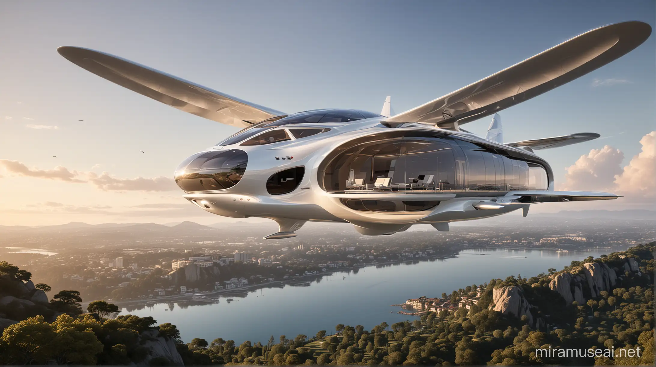 "Employ Miramuse AI to design an exquisite three-story flying home, incorporating lightweight materials and advanced aerodynamic principles for optimal performance. Envision sleek and elegant architecture, efficient propulsion systems, retractable wings for stability and maneuverability, luxurious interiors with panoramic views, state-of-the-art navigation and communication technology, advanced safety features, and sustainable energy solutions, crafting a stunning airborne residence that seamlessly blends comfort, style, and innovation in the skies." different from previous 