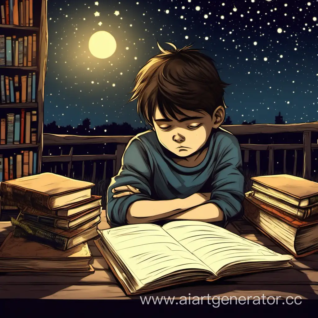 Мальчик сидит за столом, за окном ночь, на столе много книг и тетрадей, он устал