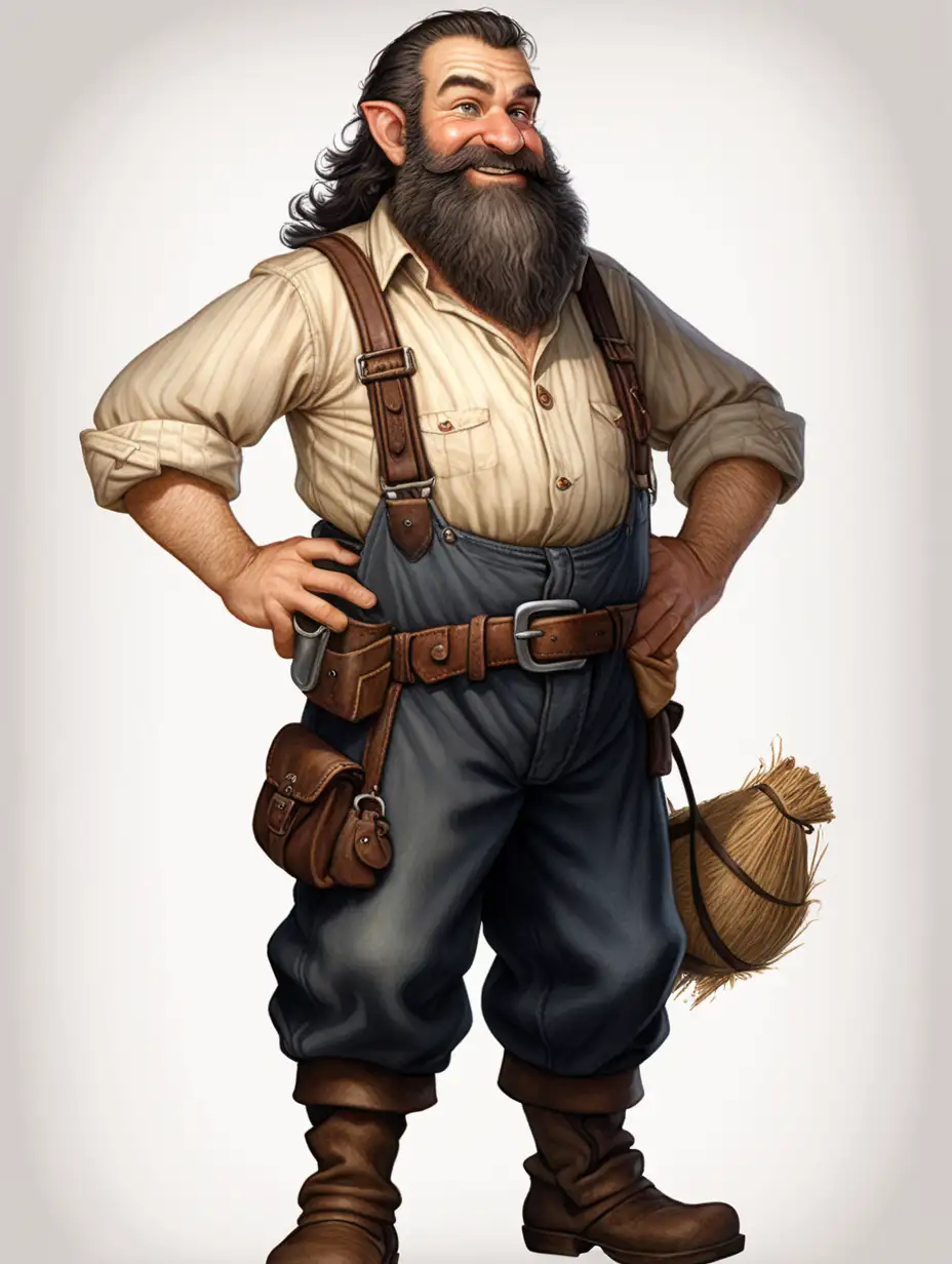 A jolly, stout, and beautiful-looking halfling middle-aged male with a massive beard and dark hair wearing farmer's clothes. Full body visible
