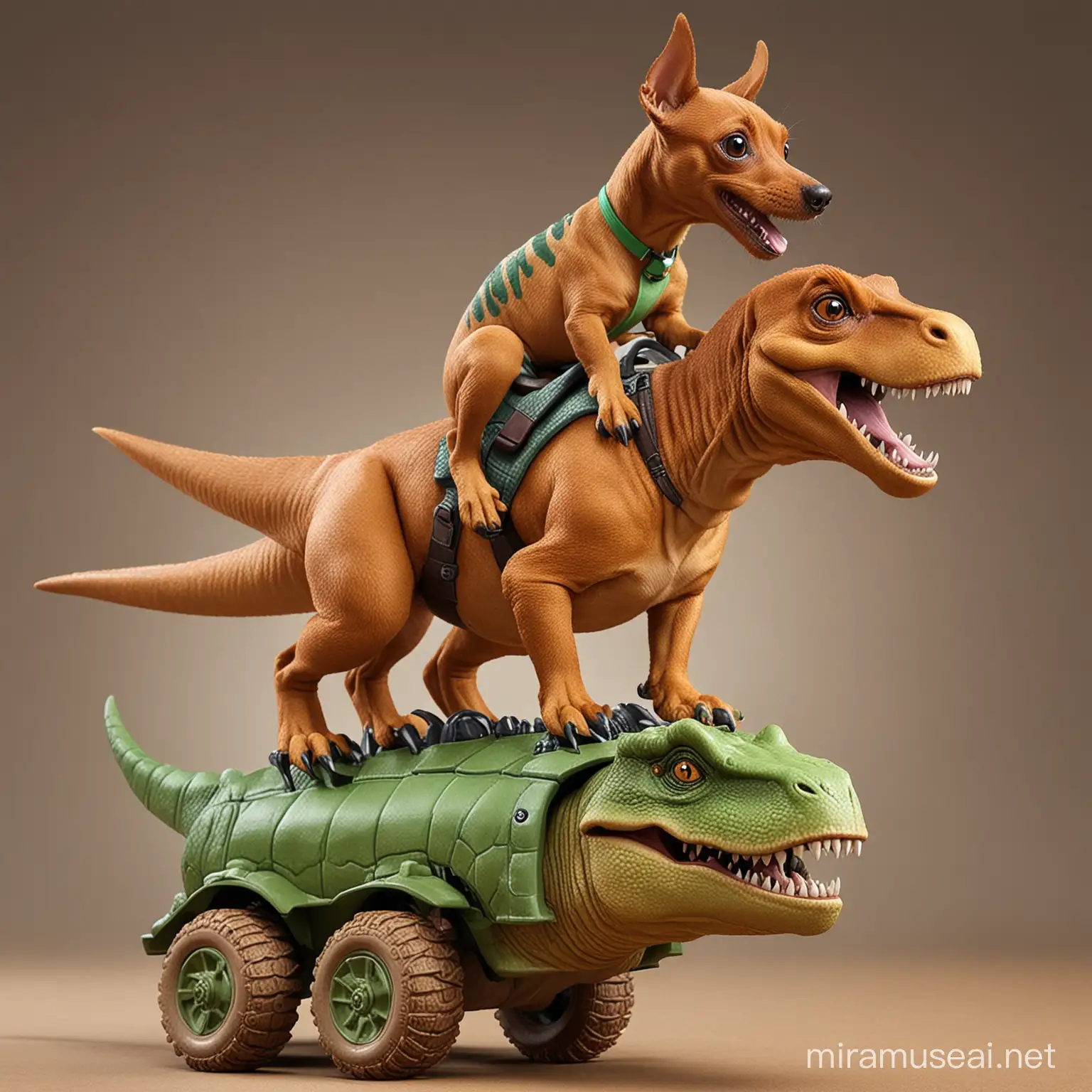 Light brown pinscher riding a t-Rex. The T-Rex looks like a T-Rex and is green. Not like a dog