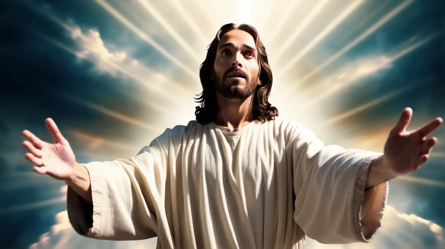 jesus with hands out looking straight, background is heaven, background blurred, make jesus on the right of the image