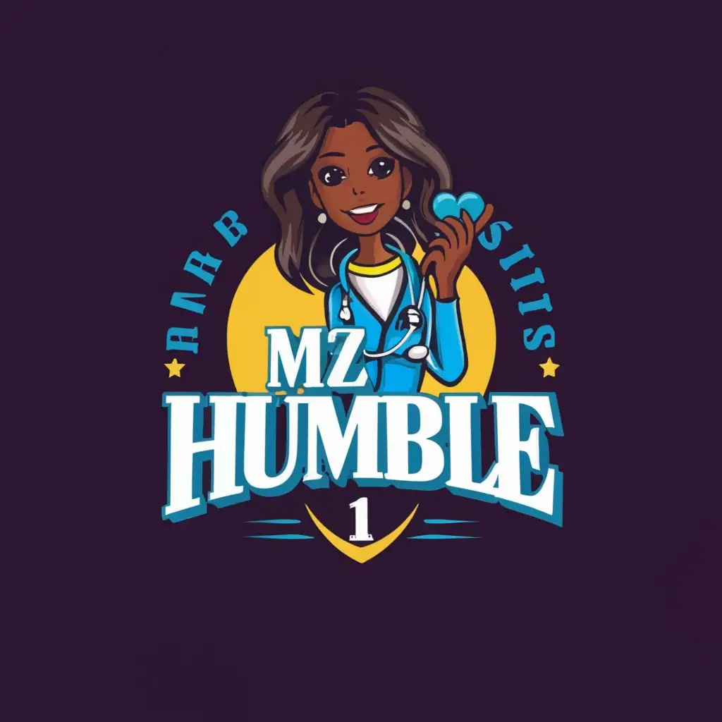 a logo design,with the text "Mz Humble 1", main symbol:royal blue and white, comic pop art, shy black female, smiling, helping others,complex,be used in Medical Dental industry,clear background