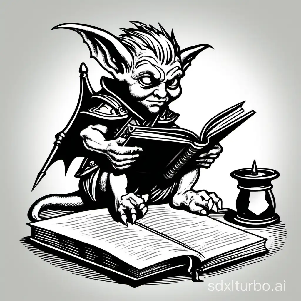 style of 1980 Dungeons and Dragons, plain white background, a tiny imp, reading a book, on a table, isolated in white, 1bit bw,