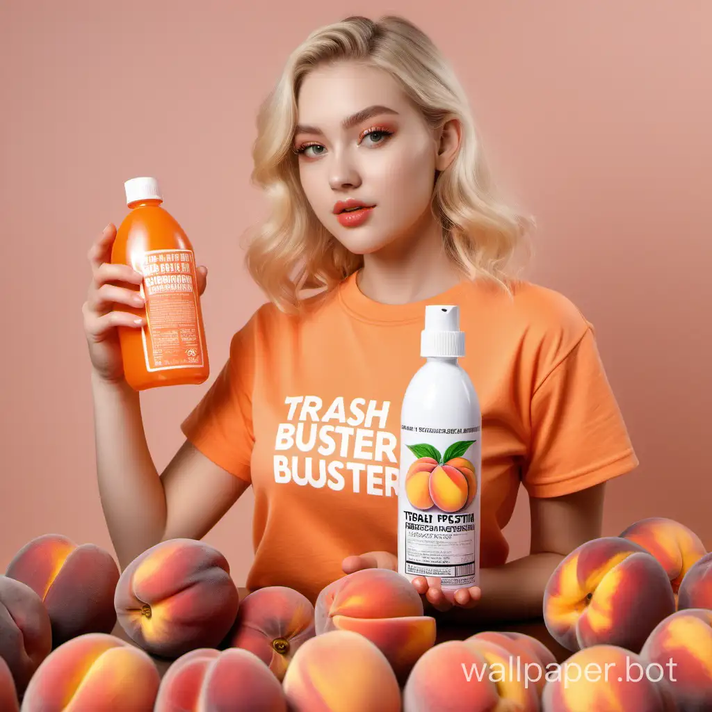 Beautiful blonde girl advertises the odor-fighting product Trash Buster, a peach-colored trigger bottle with the label TRASH BUSTER and the scent of peach. Surrounding her are the fruits of beautiful peaches, with the inscription Septhochim on the blonde's clothing.