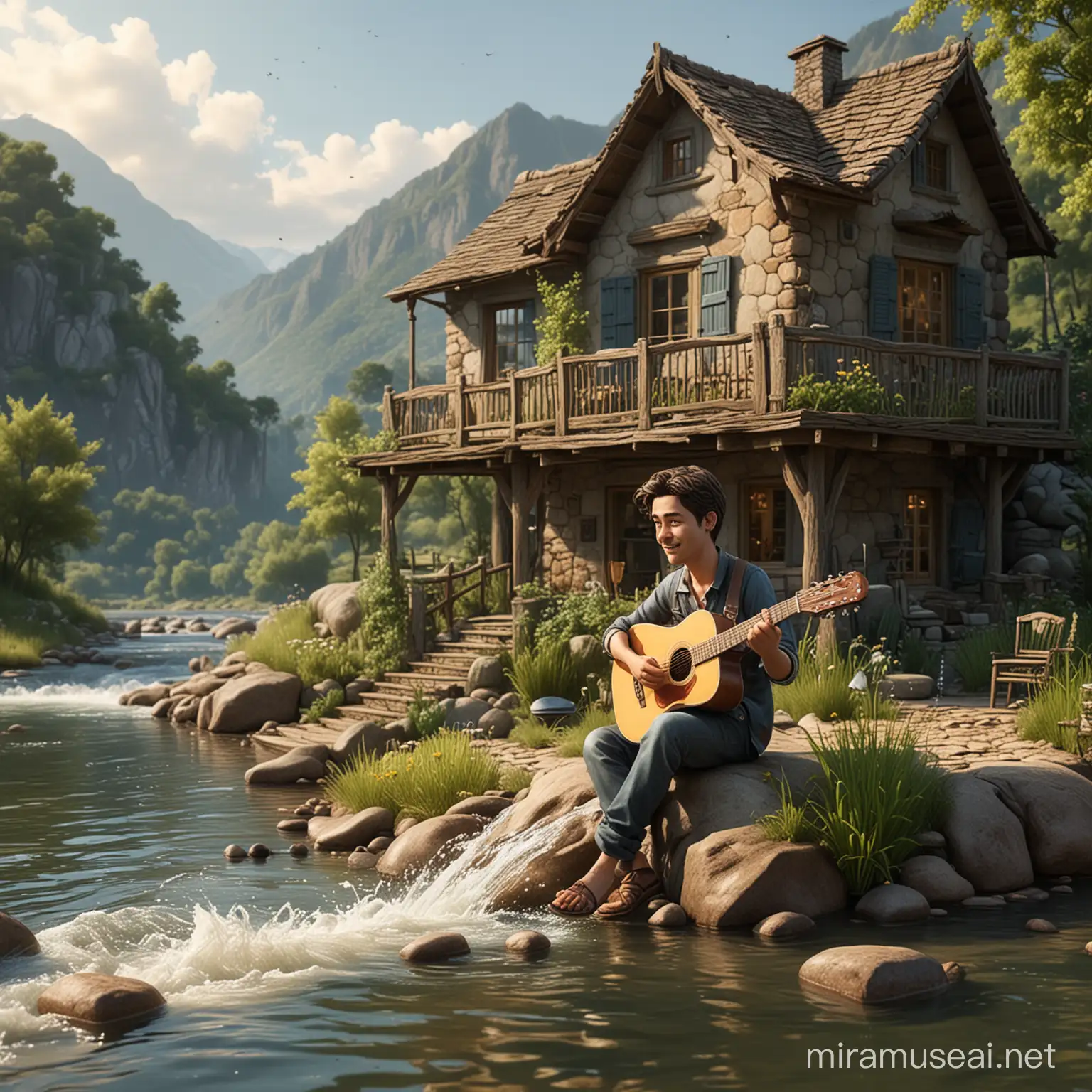 Handsome Man Playing Acoustic Guitar by Elegant House with Mountainous Nature Background