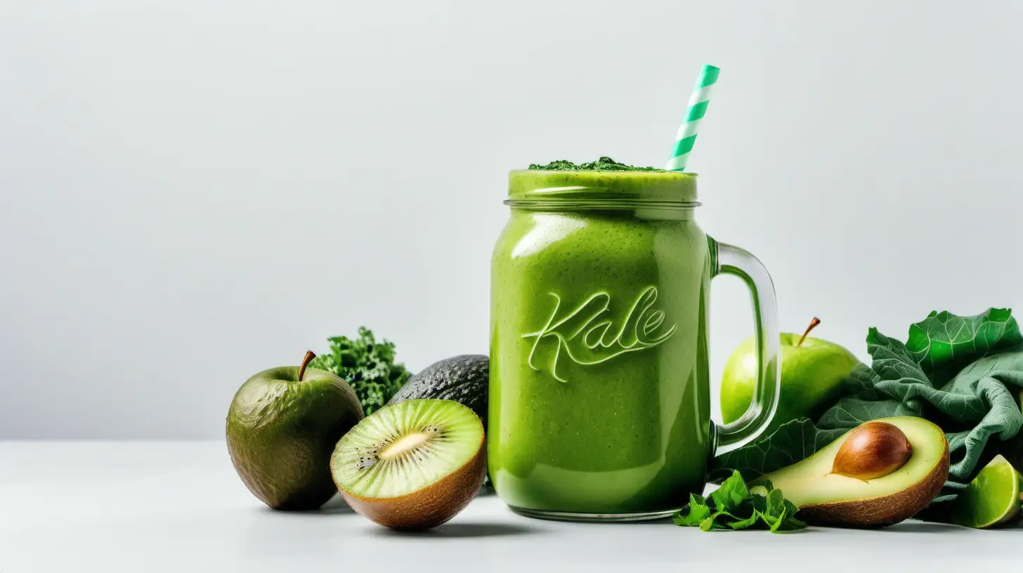 Glass jar mug green health smoothie, kale leaves, lime, green apple, kiwi, avocado, copy space, white background