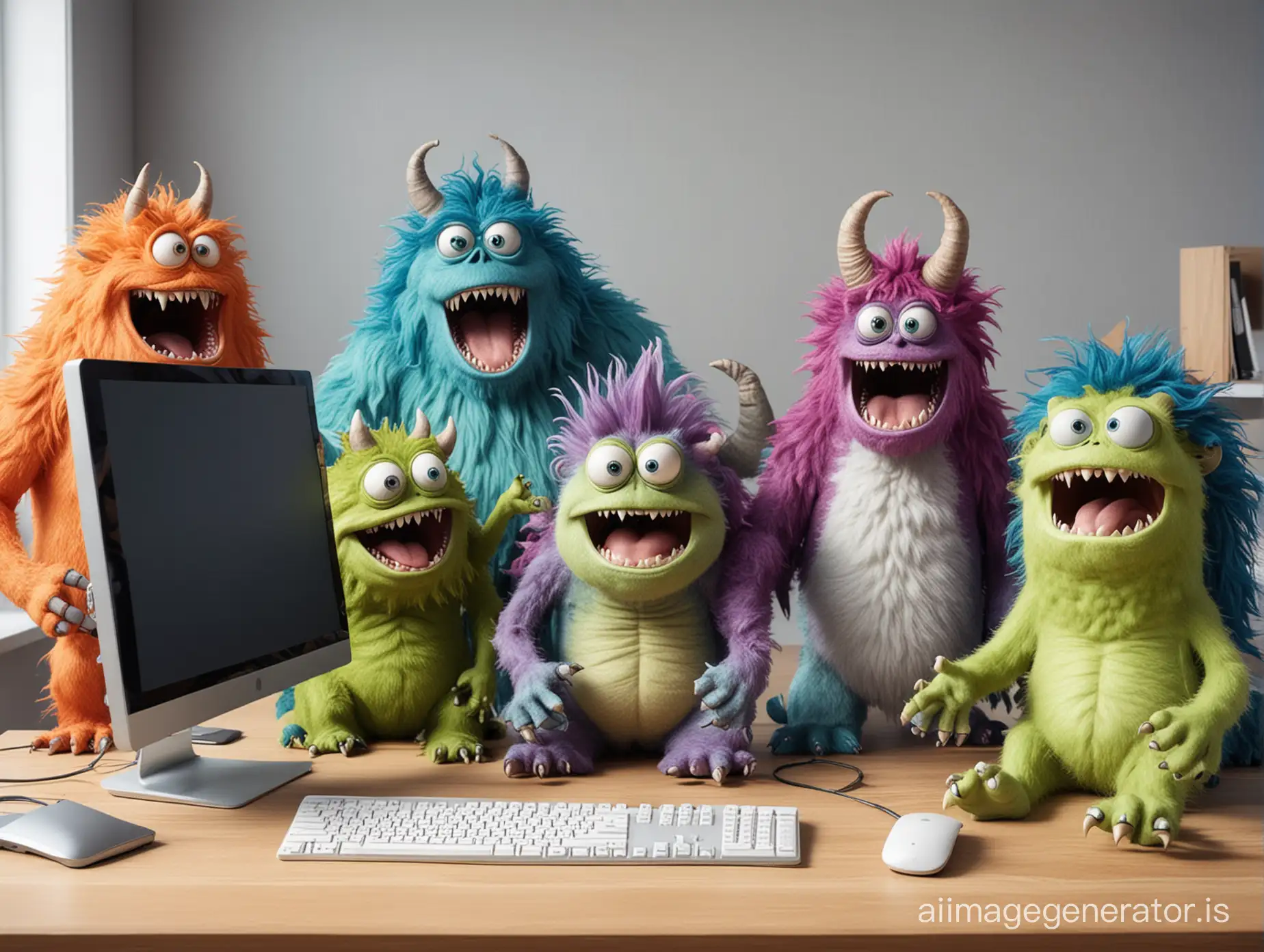 A group of funny monster who sits in front of the computer and works