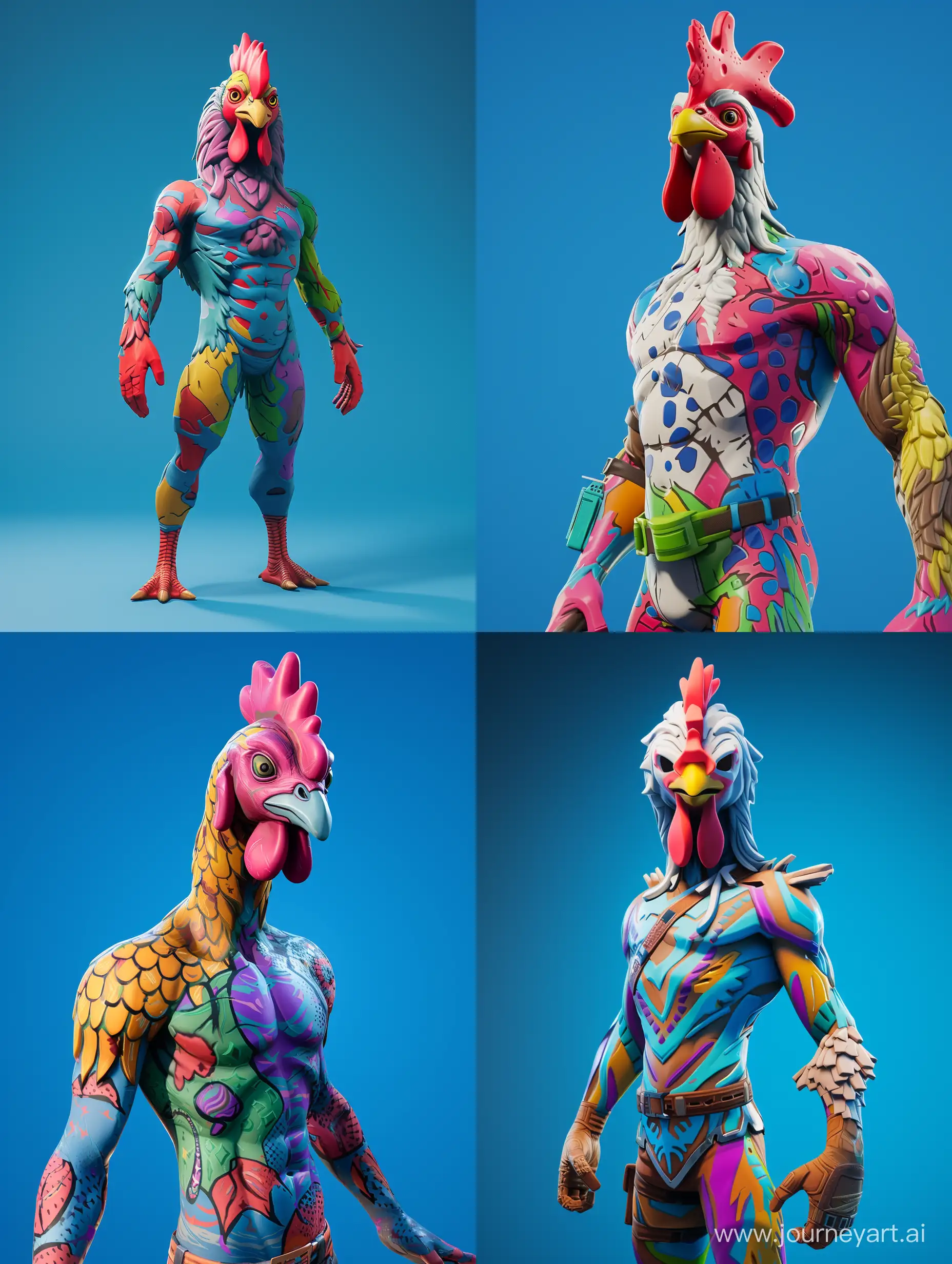 Full-body model of fortnite skin, humanoid with chicken head, colorful body, blue background