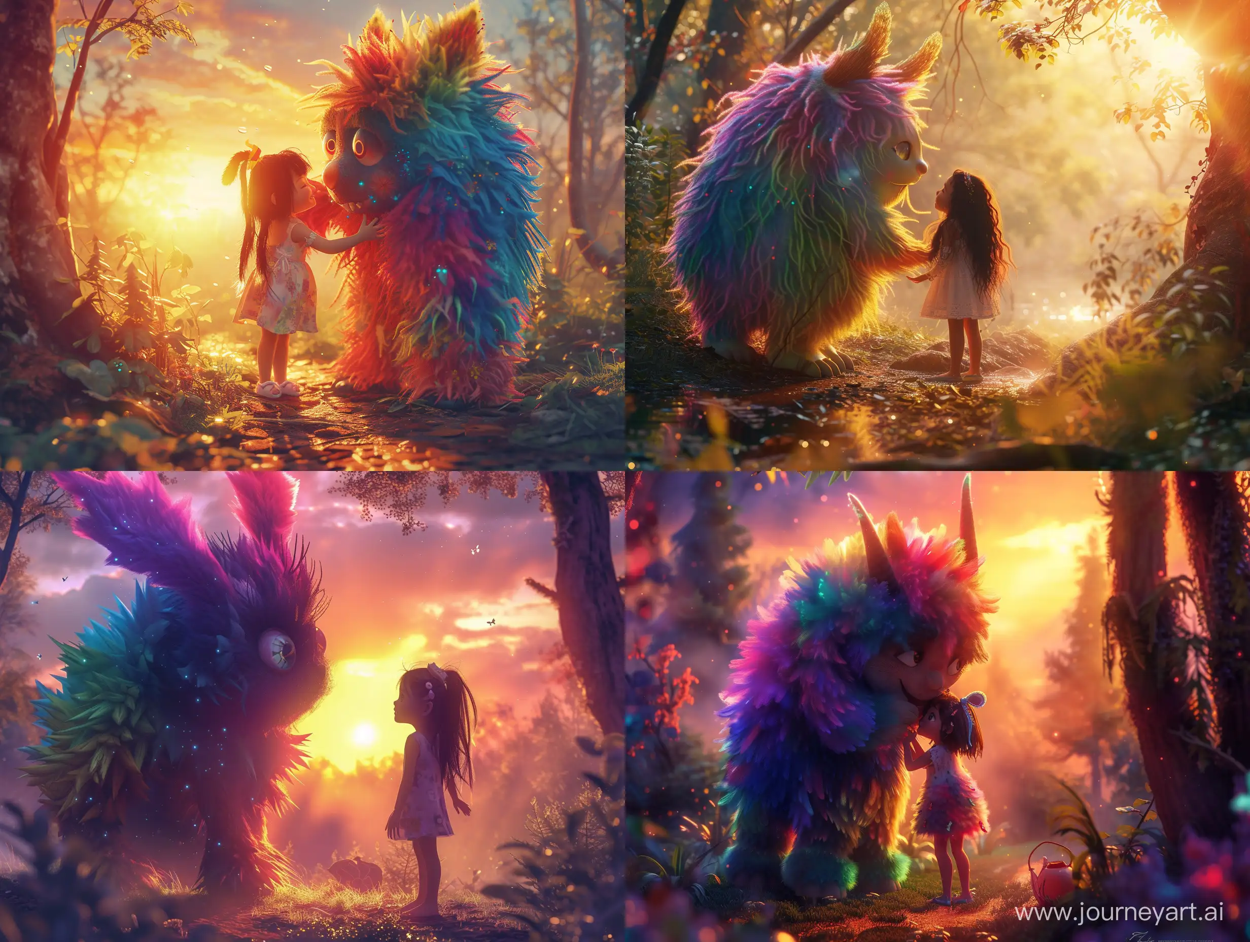 a cute beautiful young girl befriended with her big furry cute colorful creature in a magical forest at sunset, magical lighting, vivid colors, very detailed, very realistic, 8k
