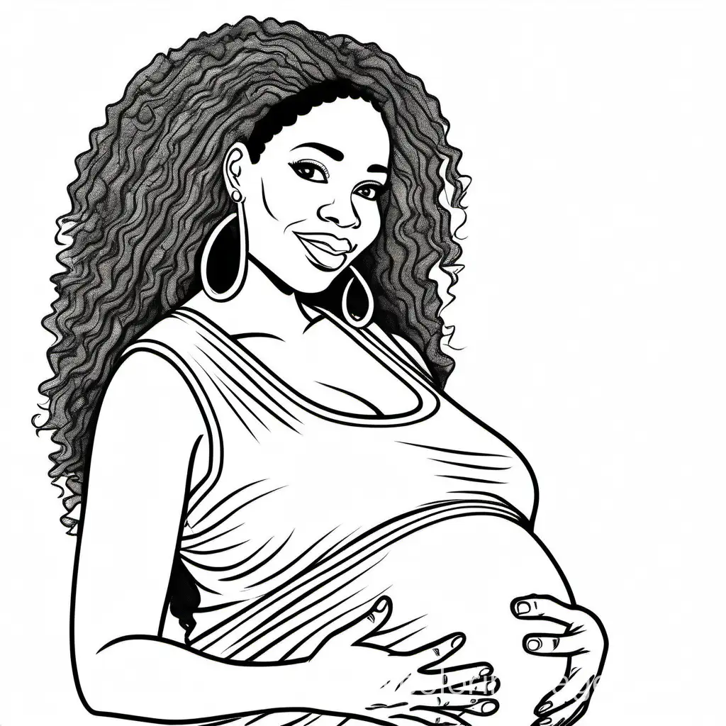 Black and white African American woman pregnant, Coloring Page, black and white, line art, white background, Simplicity, Ample White Space. The background of the coloring page is plain white to make it easy for young children to color within the lines. The outlines of all the subjects are easy to distinguish, making it simple for kids to color without too much difficulty