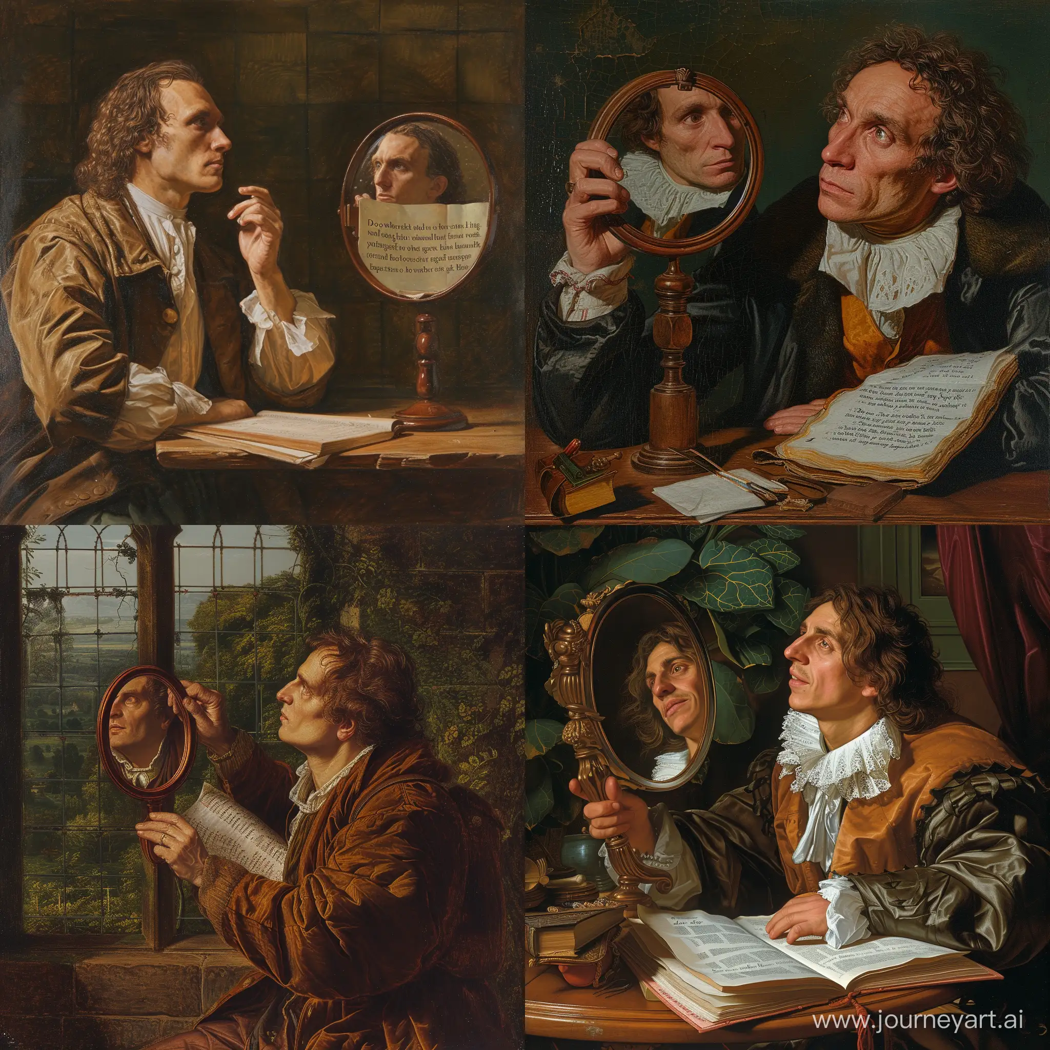 Picture of George Herbert looking into a hand mirror and seeing in his reflection him reading the words:   “Do not wait; the time will never be 'just right.' Start where you stand, and work with whatever tools you may have at your command, and better tools will be found as you go along.”