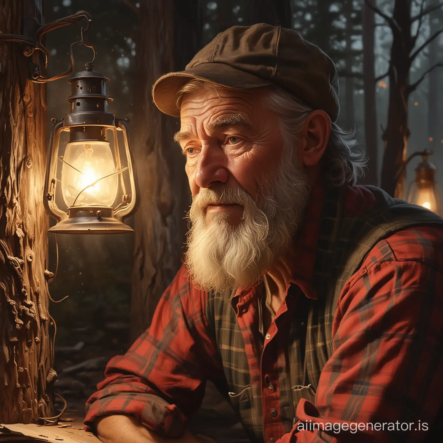 a high quality, emotional painting of an [[old lumberjack]] resting near a [[lamp]] in the late [[afternoon]], showcasing his [[tired]] expression, traditional artwork, warm tones, storytelling, nostalgic vibes, soft lighting, detailed facial expression, atmospheric, expressive brush strokes, 4k.