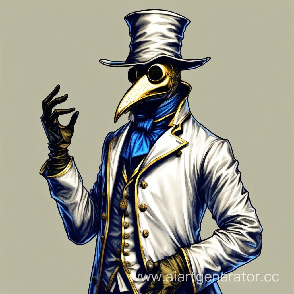 Make a portrait of an itinerant doctor of the 18th century. as in D&D - in a white coat and a gold and white suit, as well as a blue tie. He looks 30 years old. Also add white gloves. Also make the image itself look like it was drawn very beautifully. Make a few more hand gestures. And make the photo itself drawn. He also has a plague doctor mask, but nothing on his head