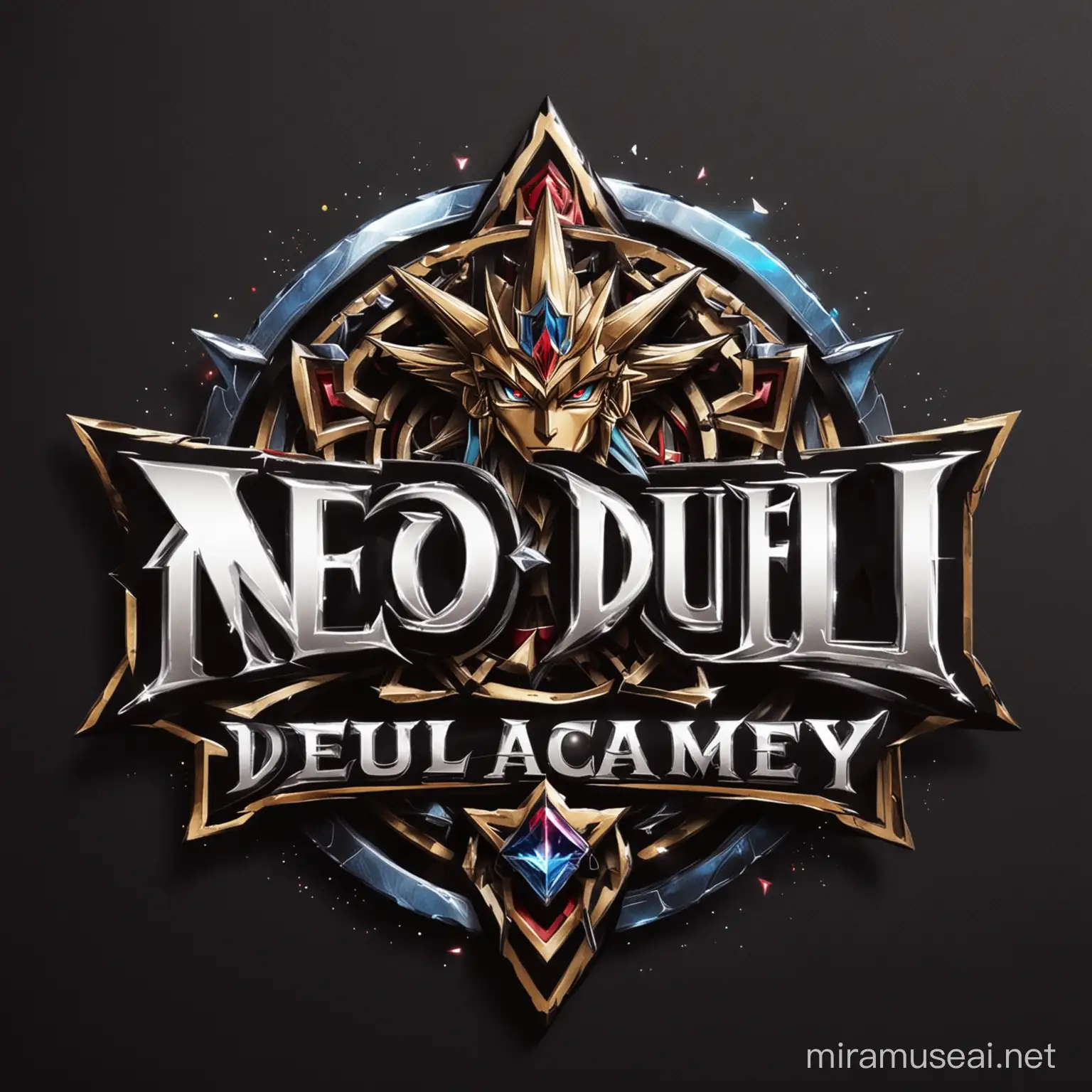 un logo pour la Neo duel academie en t'inspirant de yu gi oh, avec des couleures noire et des cartes