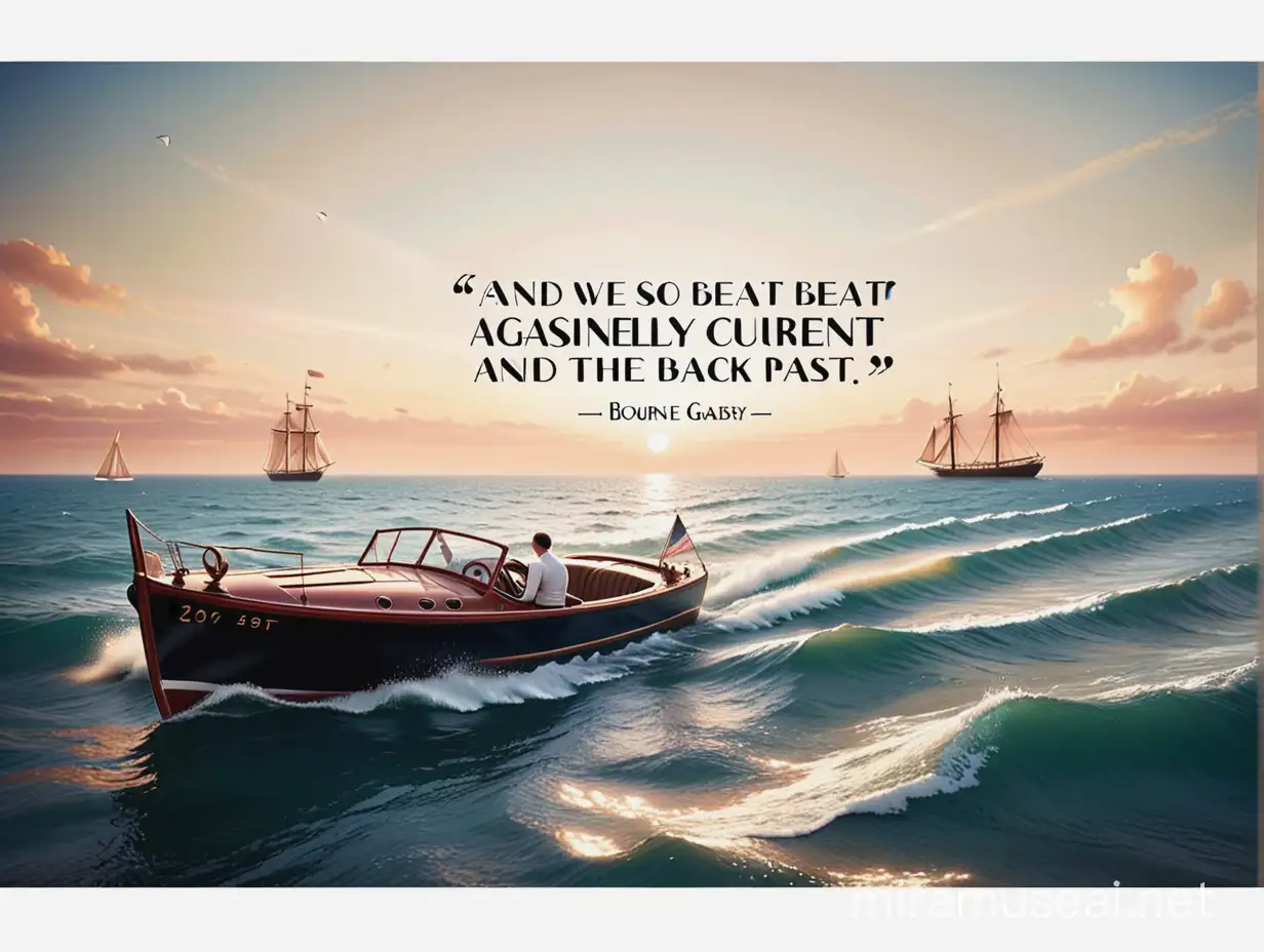 Depict this quote from The Great Gatsby as an tattoo design: "And so we beat on, boats against the current, bourne back ceaselessly into the past."