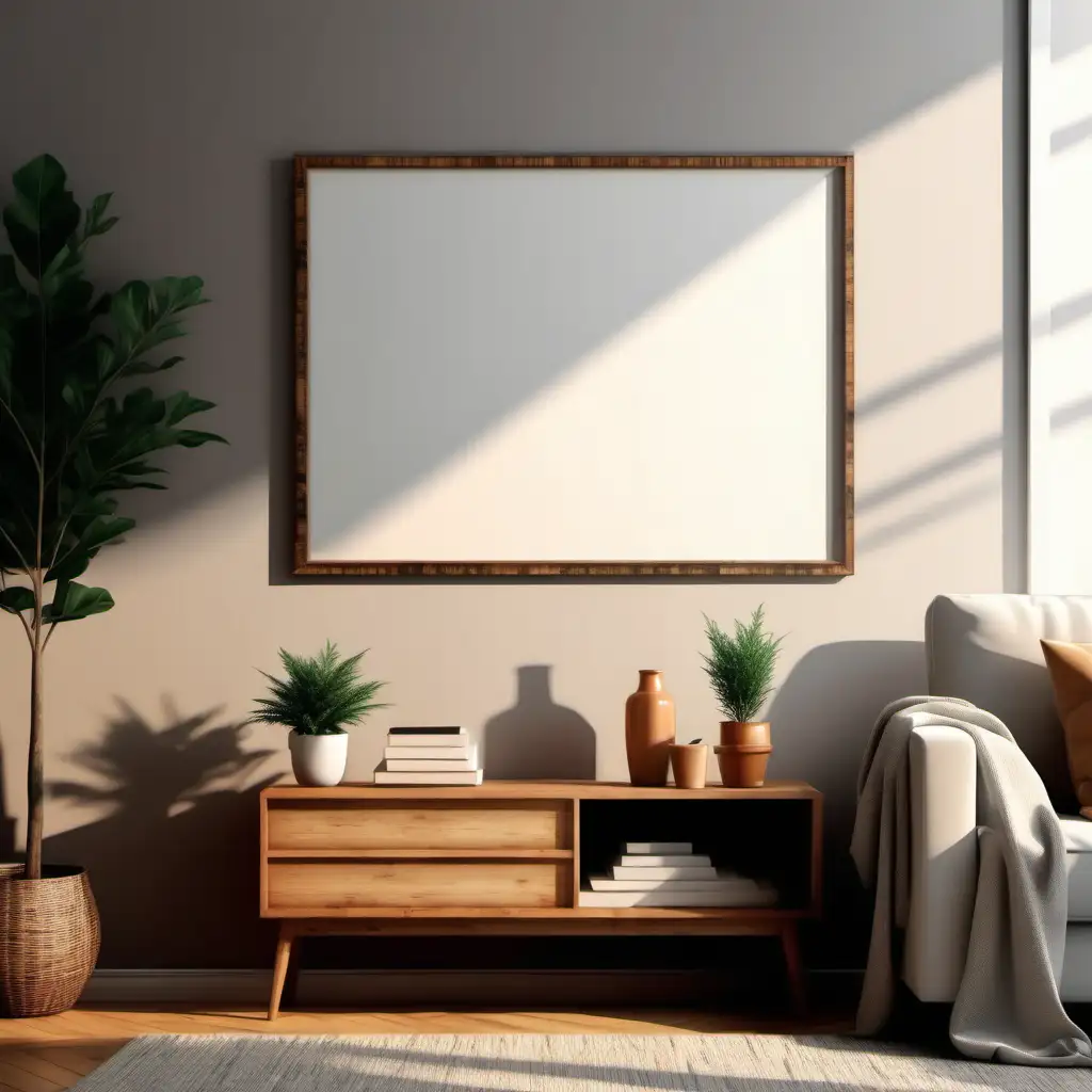 wooden poster white blank frame mockup, reflection, shadow overlay, cozy living room, farmhouse stlyle, warm room, 4K, exclude random objects,