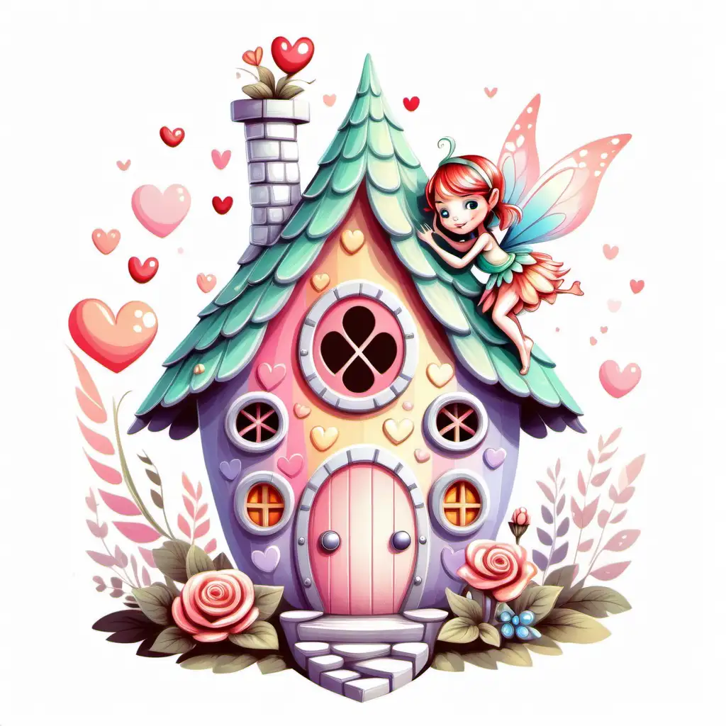 CUTE TINY FAIRY, ON fairy house,VERY COLORFUL PASTEL COLORS
VALENTINES  THEME illustration, with great details, flawless line art, white background 