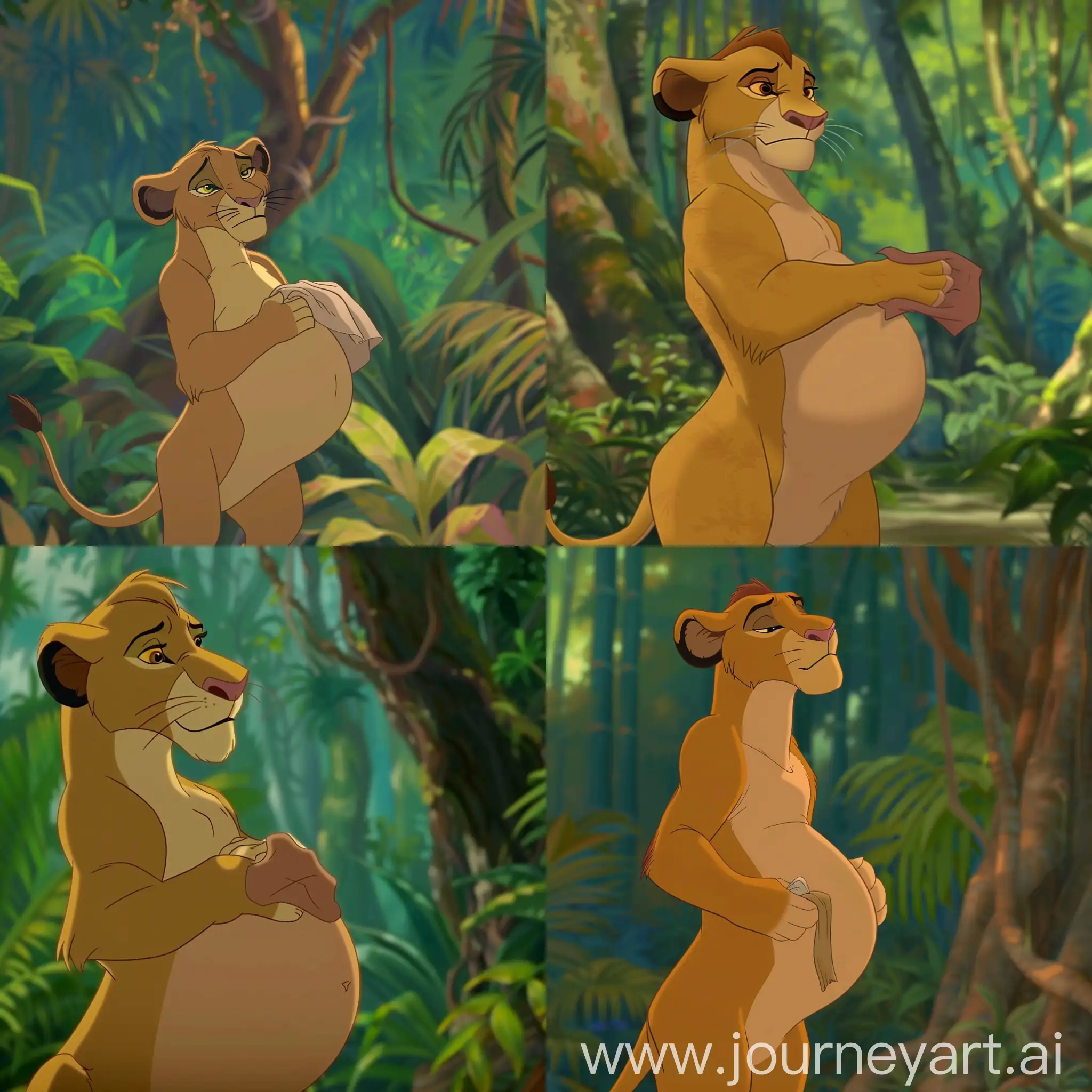 scene from an animated film featuring a pregnant lioness woman standing, feeling back pain, resting one hanf on her belly