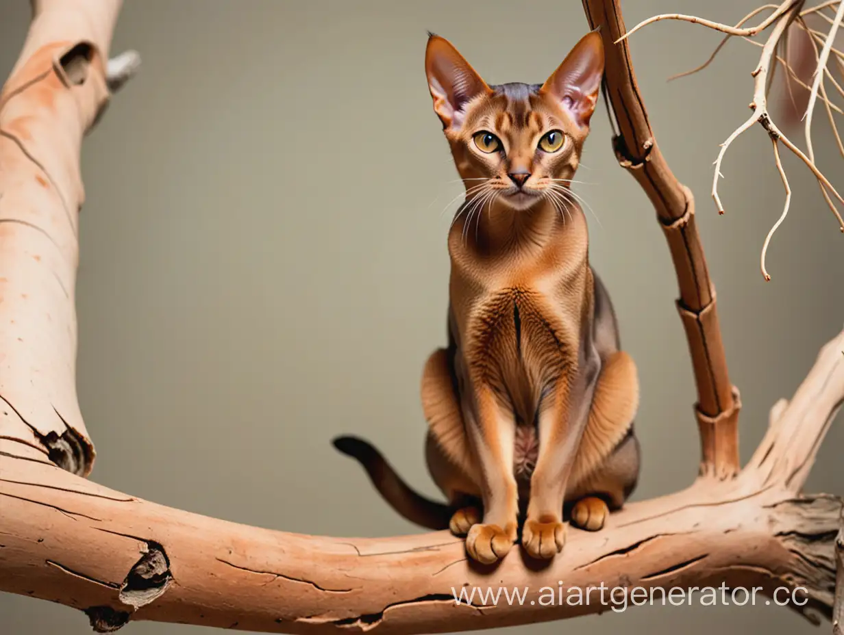 An Abyssinian cat sits on a dried-up tree branch