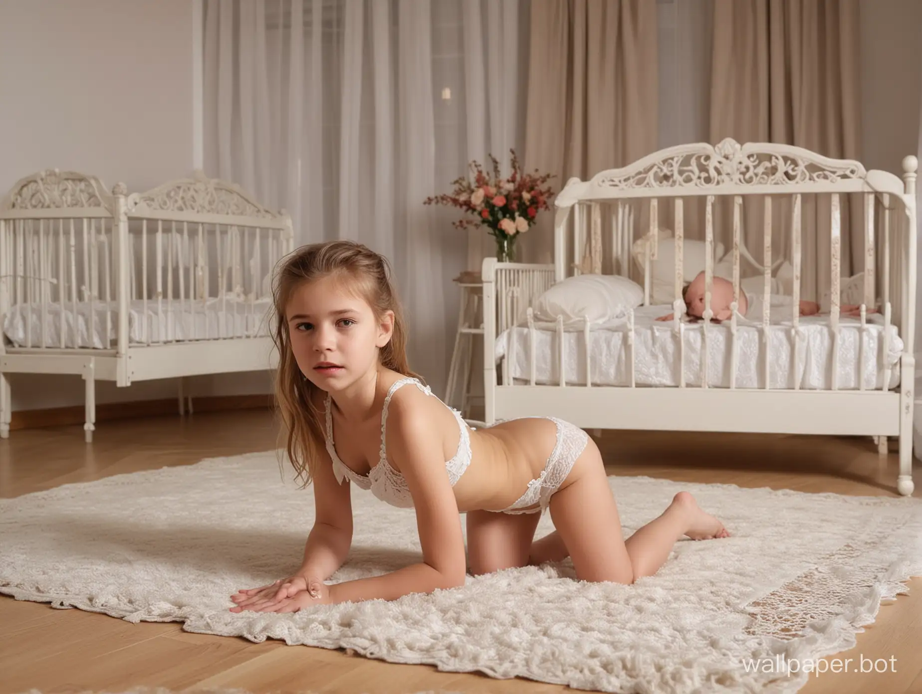 crying, tears, feeling big sexual desire, begging, in a luxury and big living room, a 12-years-old female model on all fours in front of a baby crib, looking to the viewer. lace lingerie.