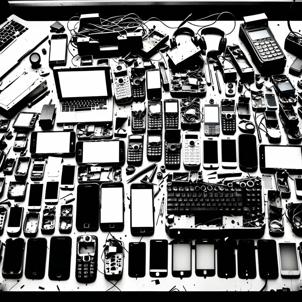 Technician Desk with Damaged Phones and Tools in Black and White