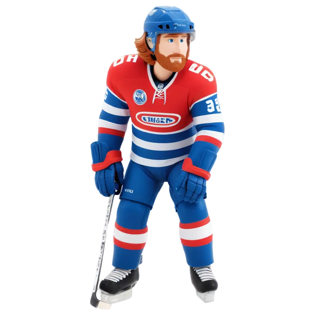 hockey player comic figure with ginger hair under his helmet, wearing a jersey in blue, white and red