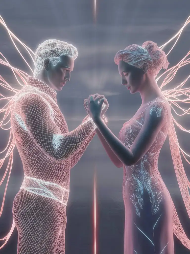 Two figures, masculine and feminine, skilfully shaped from a glowing, metallic mesh. They exude an ethereal, neon radiance. Each adorned in elegant attire, they stand face to face, their interlocked hands offering a gesture of assistance. Positioned unobtrusively on an expansive, distant background, their illuminating glow casts subtle light on their surroundings.