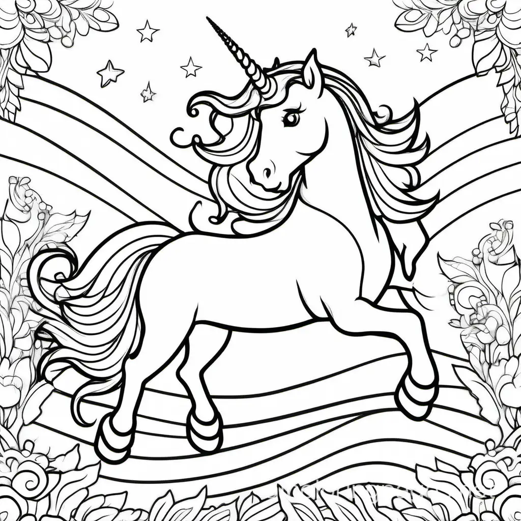 unicorn pictures, Coloring Page, black and white, line art, white background, Simplicity, Ample White Space. The background of the coloring page is plain white to make it easy for young children to color within the lines. The outlines of all the subjects are easy to distinguish, making it simple for kids to color without too much difficulty