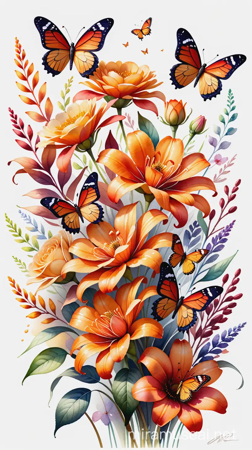 Vibrant Watercolor Bouquet with Butterflies 3D Render Floral Art