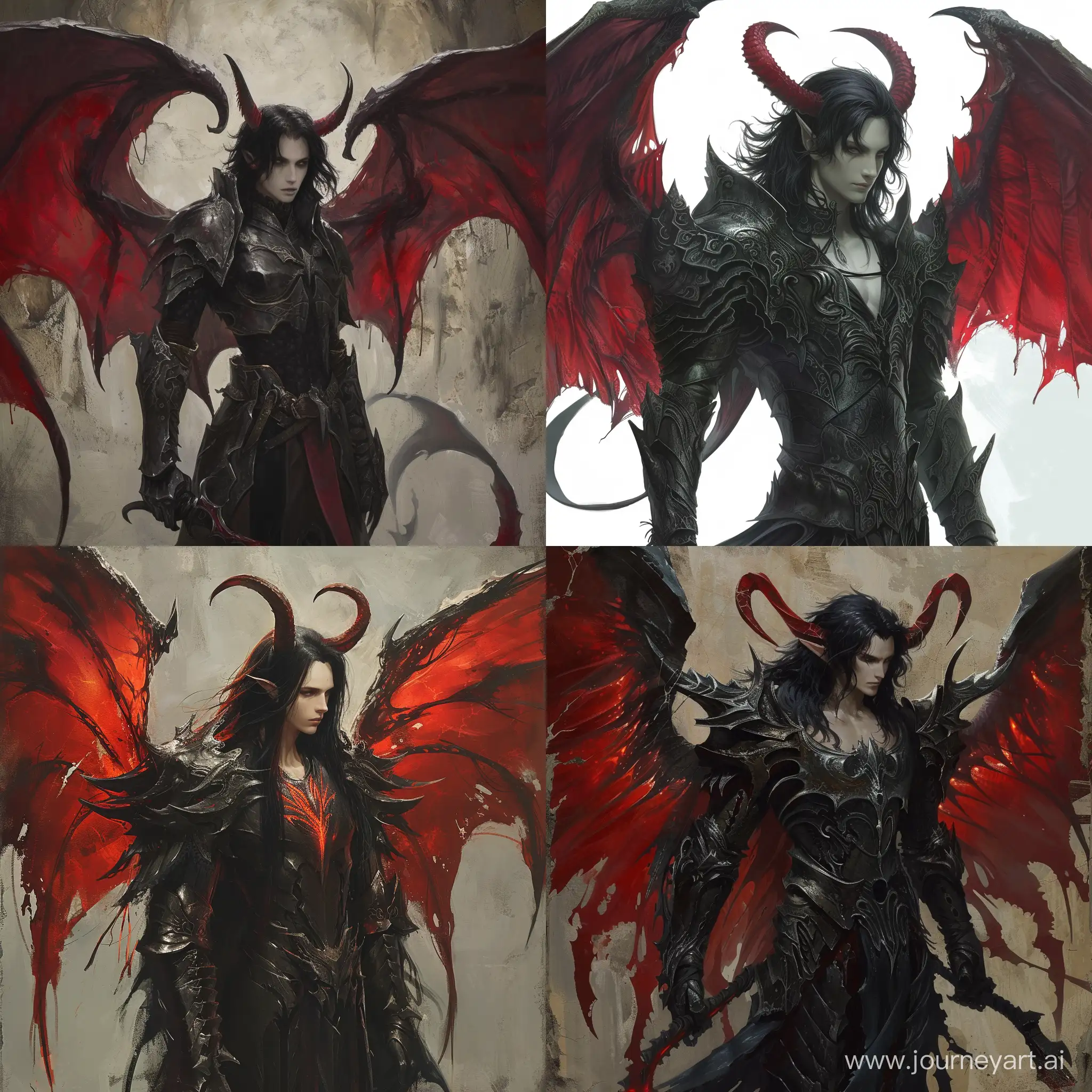full-length art, a devil with red wings in dark armor (gorgera) with black hair and long horns