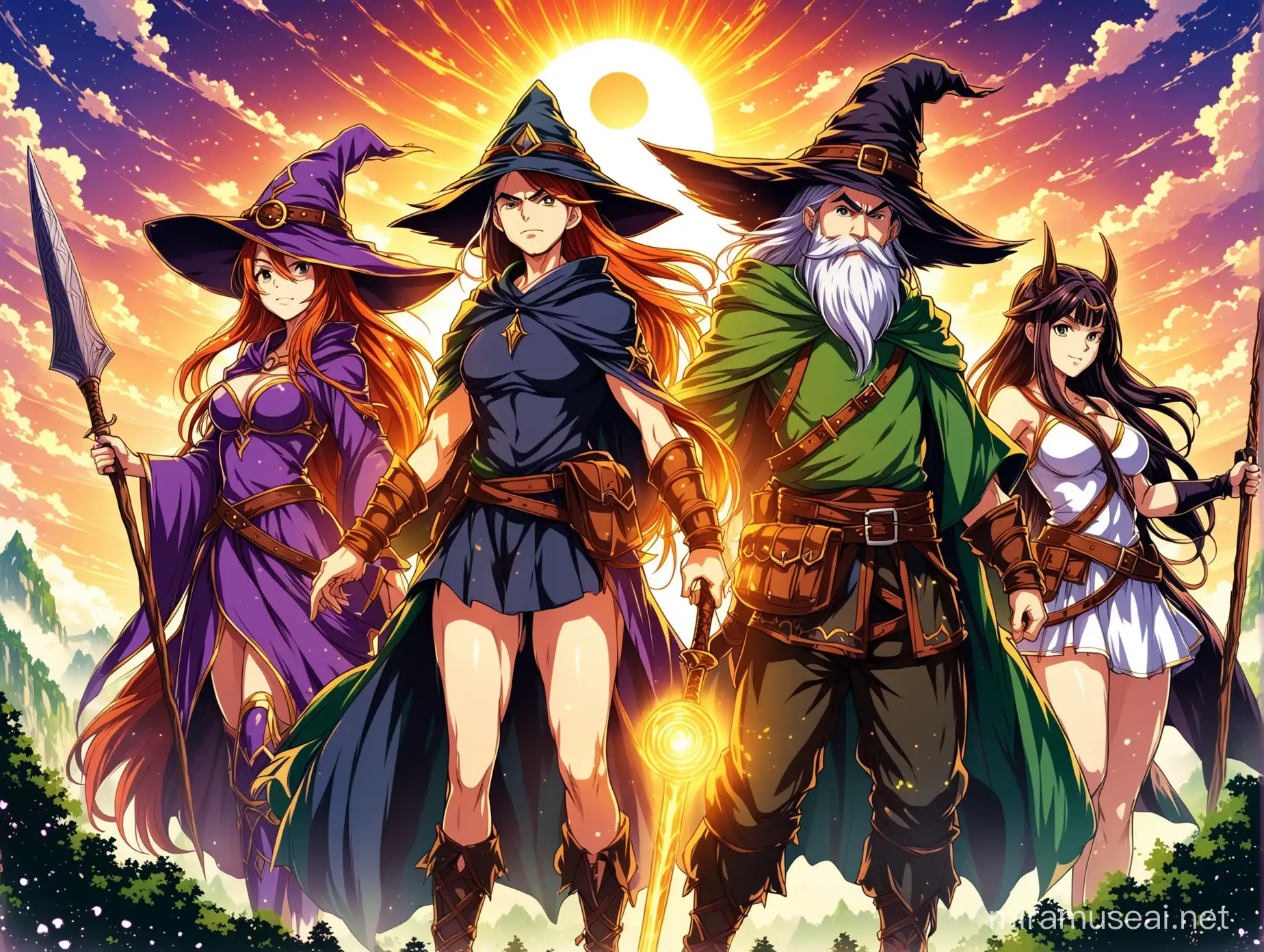 Fantasy Poster. there are a warrior, a wizard, a witch and a druid in anime style