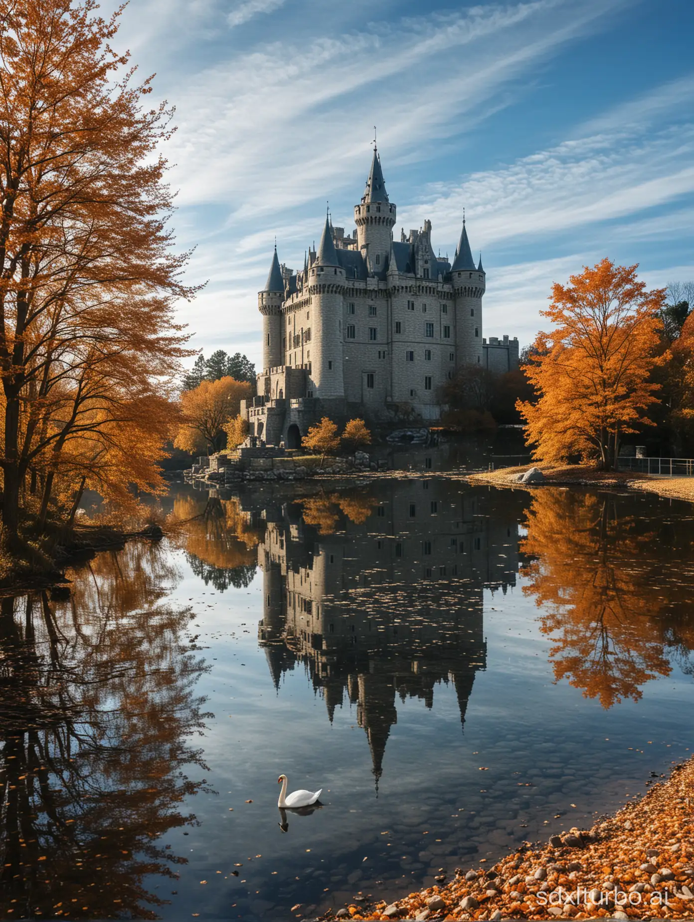 Majestic-New-Swan-Stone-Castle-in-Autumn-Under-a-Clear-Blue-Sky