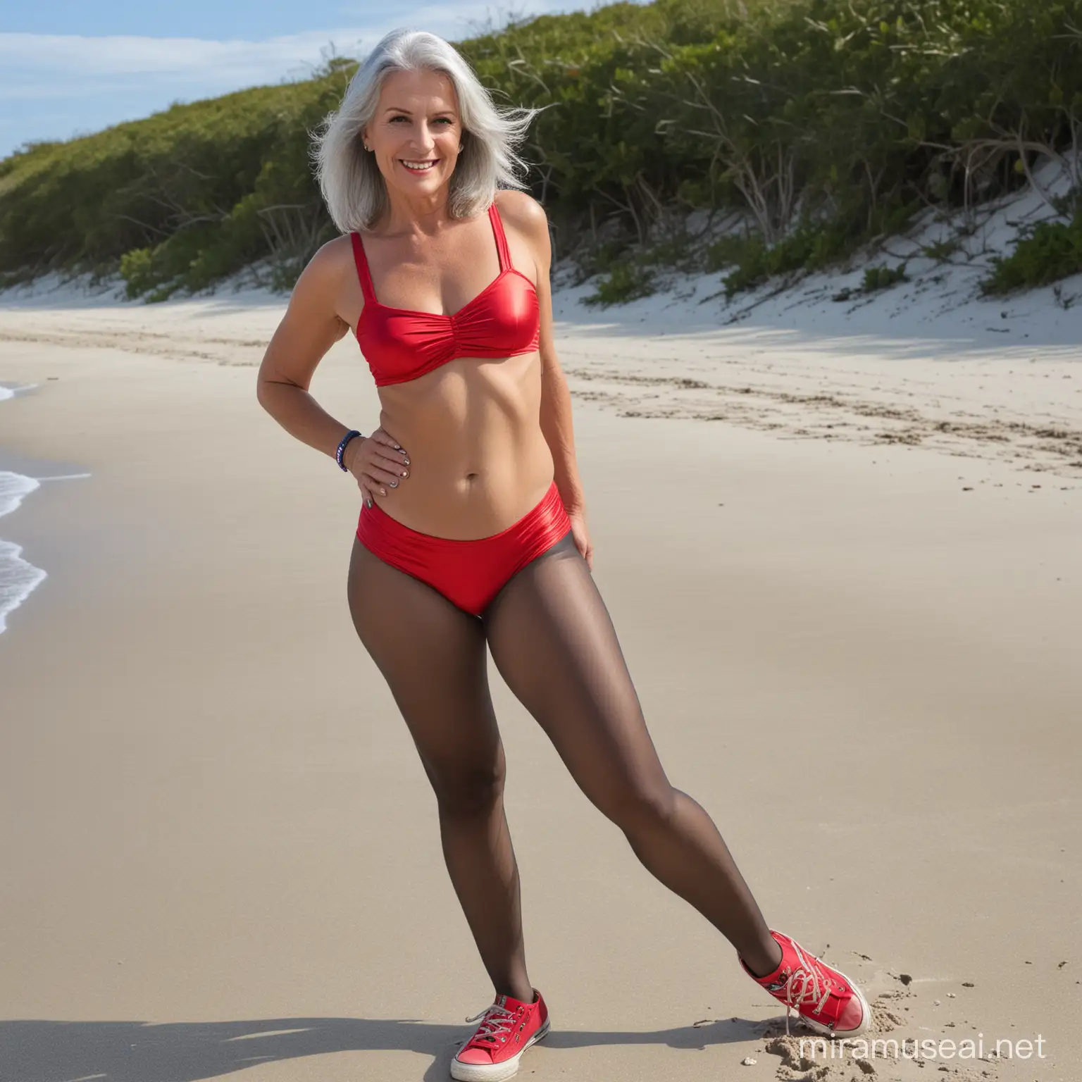 mature lady 55 years old, silver hair, shiny black pantyhose, denim jean shorts, red bikini top on sandy Florida beach, pantyhose, blue converse sneakers