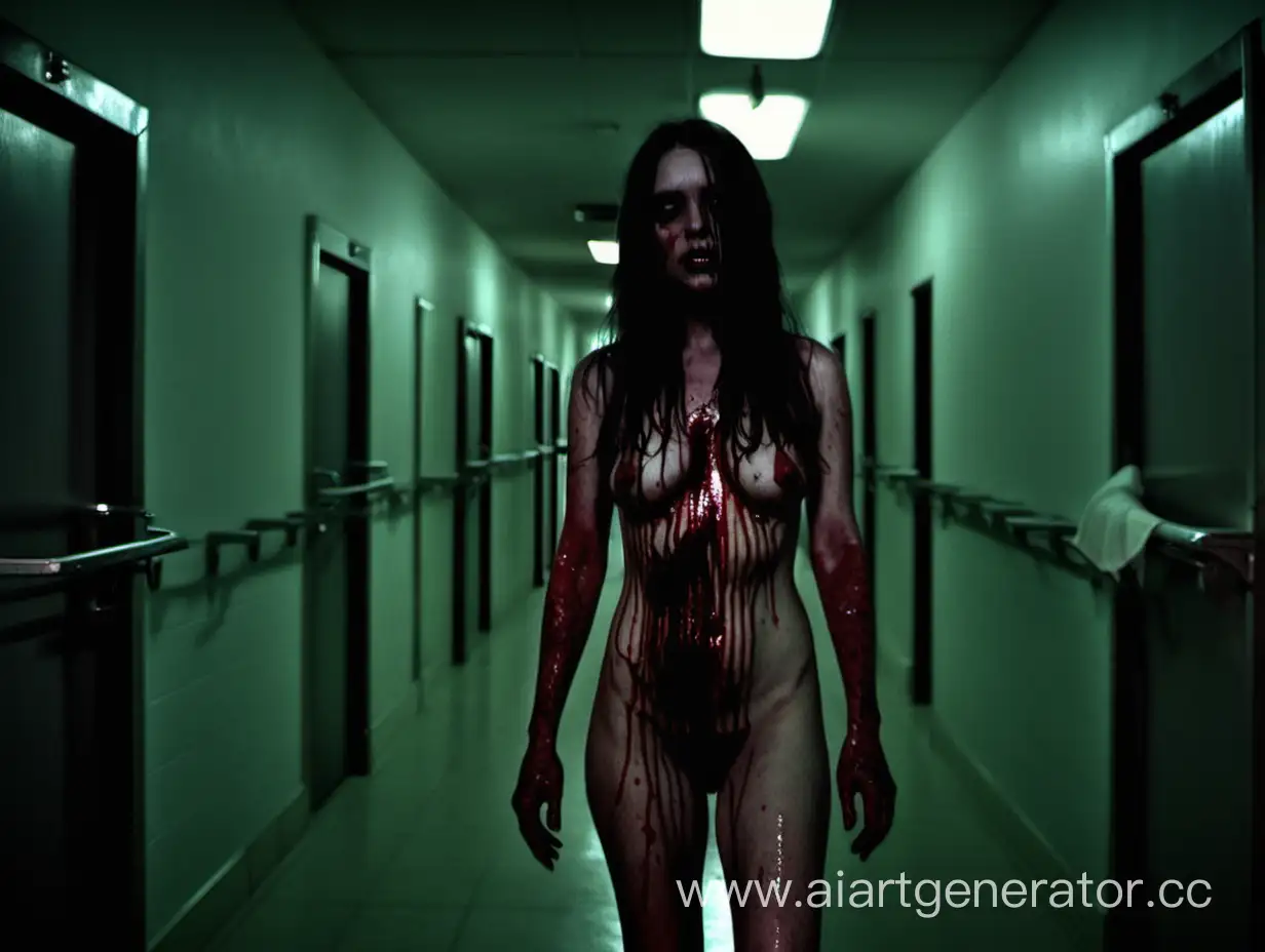 мрачный коридор морга в полумраки и мёртвая девушка идёт в крови голая
