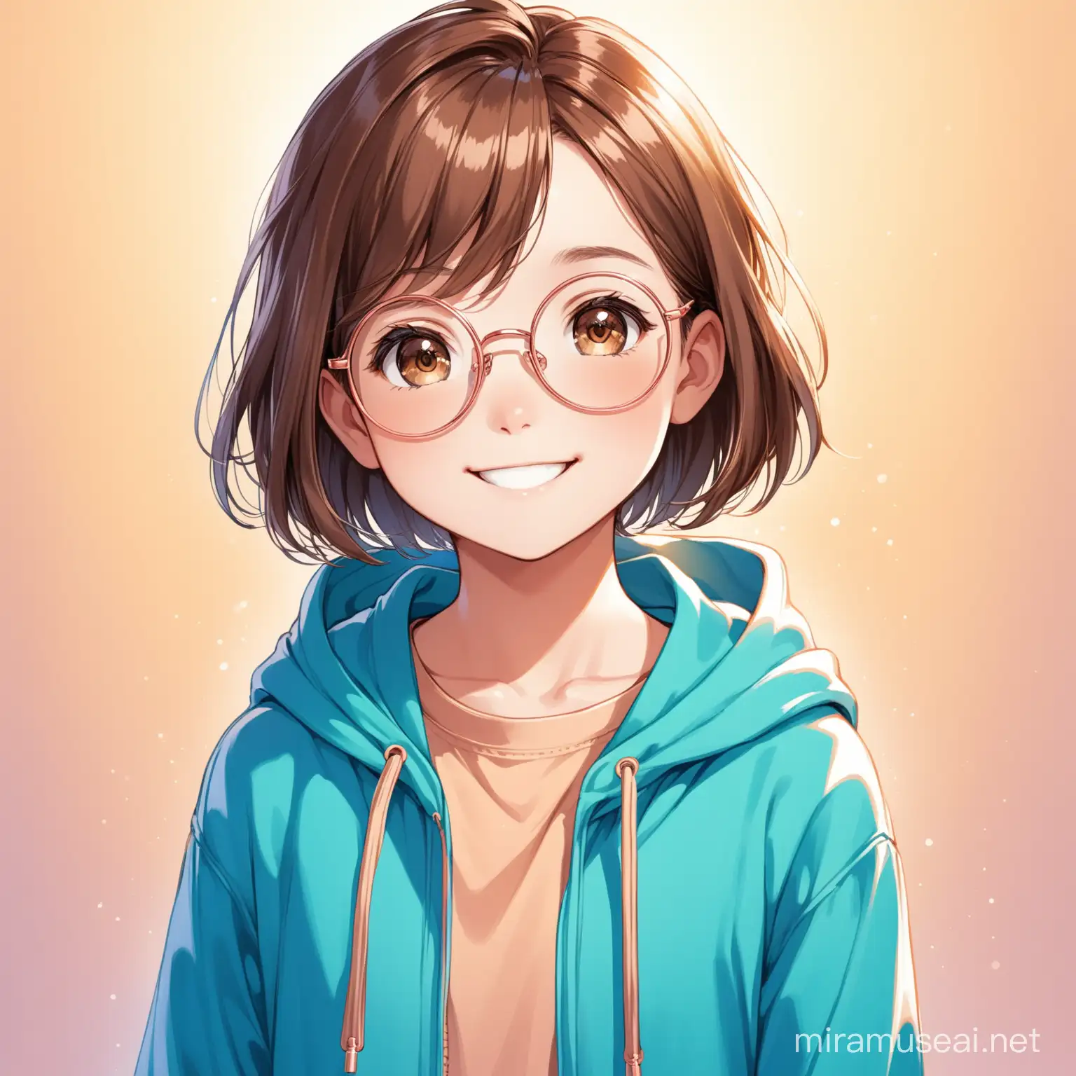 12 year old girl with brown eyes, short brown hair, rose gold glasses, smiling, eyes open, blue hoodie