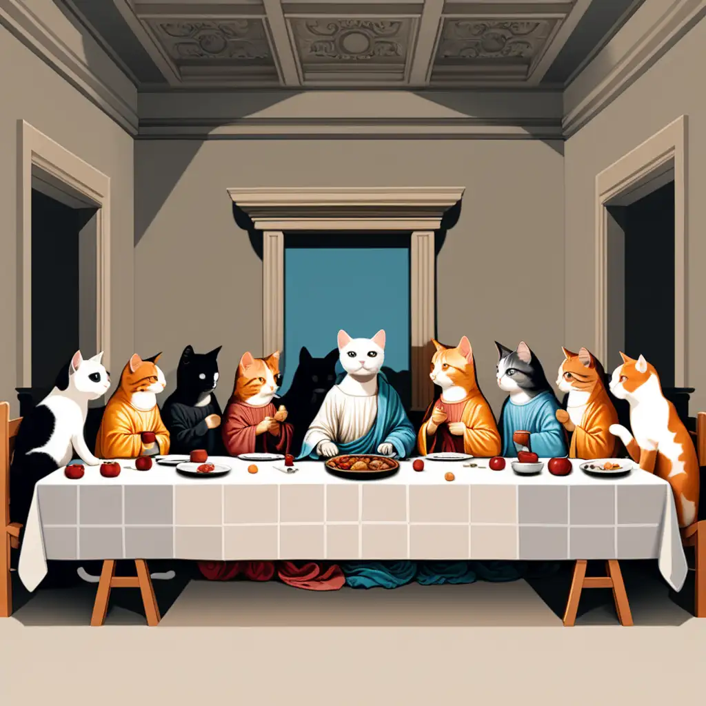 a cute cat dining, the last supper, minimalist