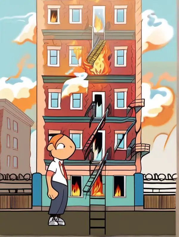 Color Cartoony; Flat angle Young man crawls up the side of a burning building. towards a woman in a window