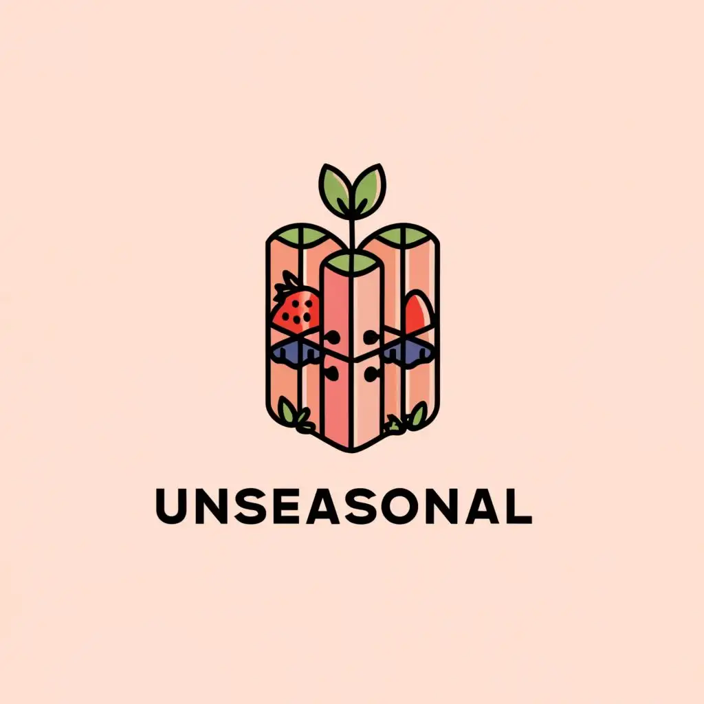 a logo design,with the text "UNSEASONAL", main symbol:strawberries and blueberries plants stacked in a building,complex,clear background