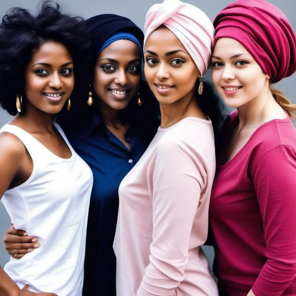 create me a picture of 3 women one of them should be wearing a turban headscarf and the other one should be a hindu and the other one should be afro american and they are business women use the colors white and light rose 